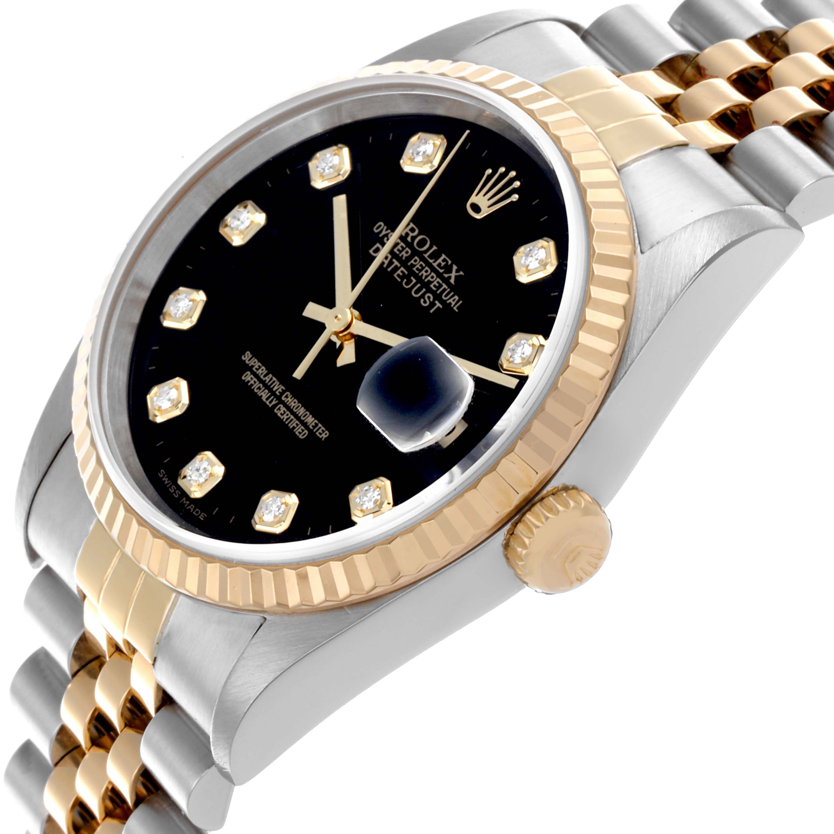 The image shows a Rolex Datejust 16233 Men's Steel and Gold (two tone) Black Dial 16233 Men's Steel and Gold (two tone) Black Dial watch at a slight angle, highlighting the bezel, crown, bracelet, and black dial with diamond markers.