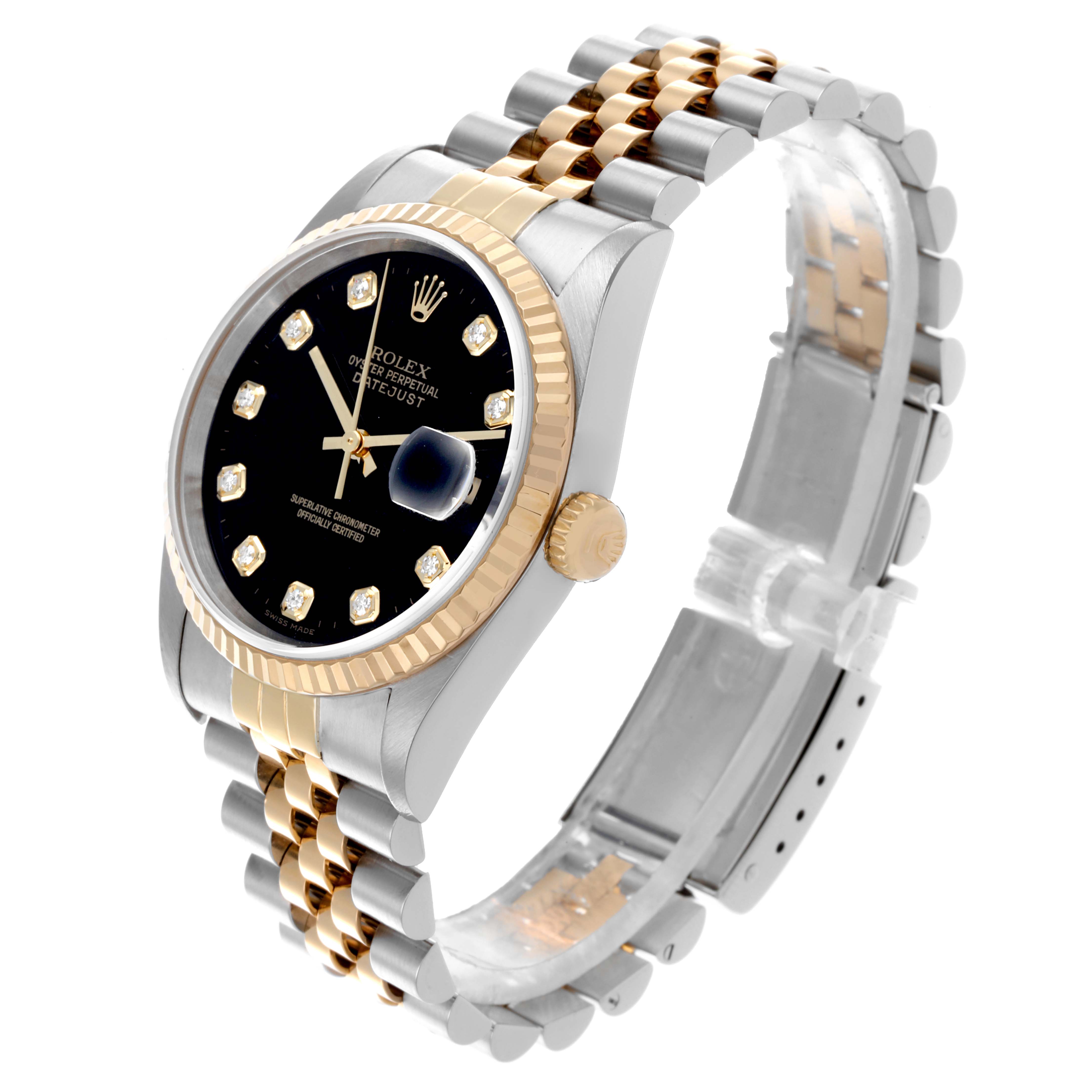 The Rolex Datejust 16233 Men's Steel and Gold (two tone) Black Dial 16233 Men's Steel and Gold (two tone) Black Dial watch is shown at a three-quarter angle, displaying its face, bezel, crown, and bracelet.