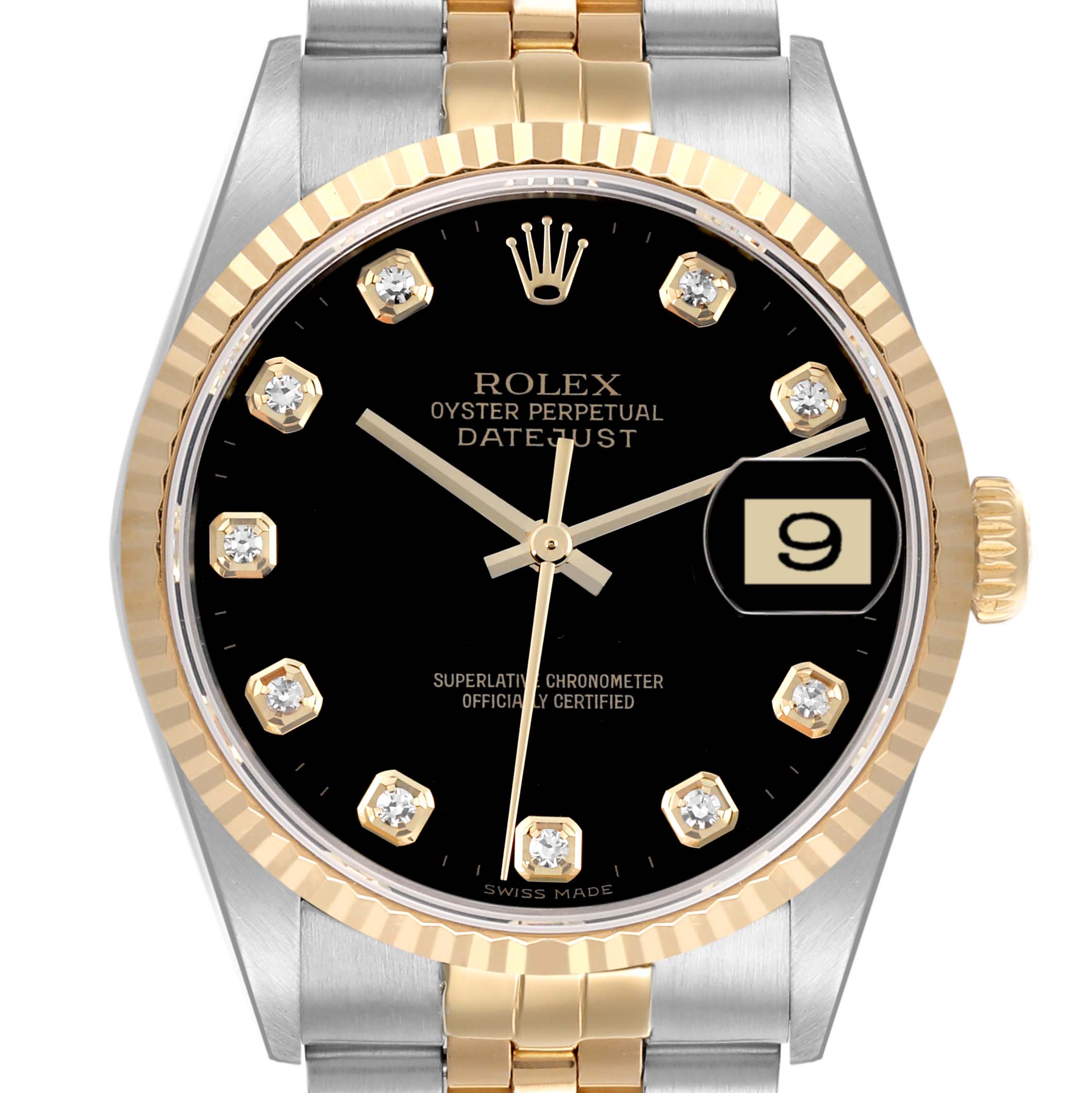 The Rolex Datejust 16233 Men's Steel and Gold (two tone) Black Dial 16233 Men's Steel and Gold (two tone) Black Dial watch is shown from the front, highlighting the black dial, gold markers, date window, and two-tone bracelet.