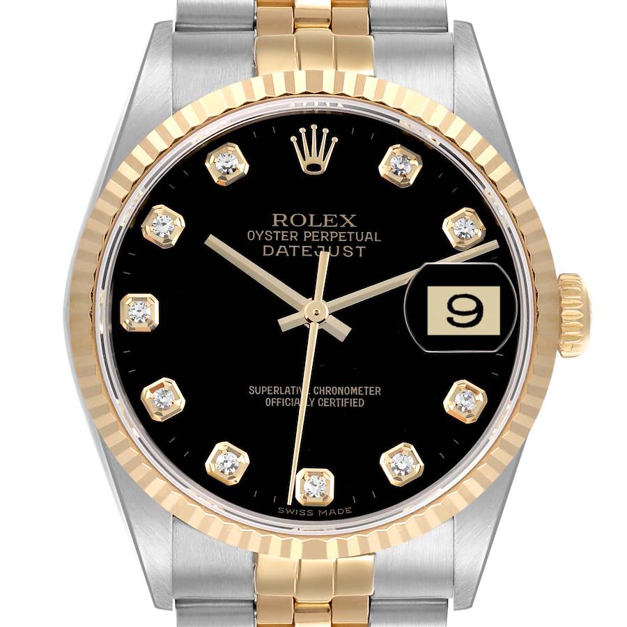 Rolex Datejust Steel Yellow Gold Black Diamond Dial Mens Watch 16233 SwissWatchExpo