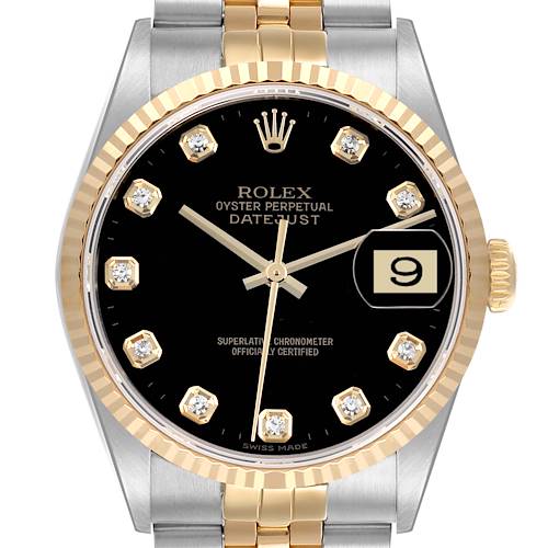 The Rolex Datejust watch is shown from the front, highlighting the black dial, gold bezel, and two-tone bracelet.