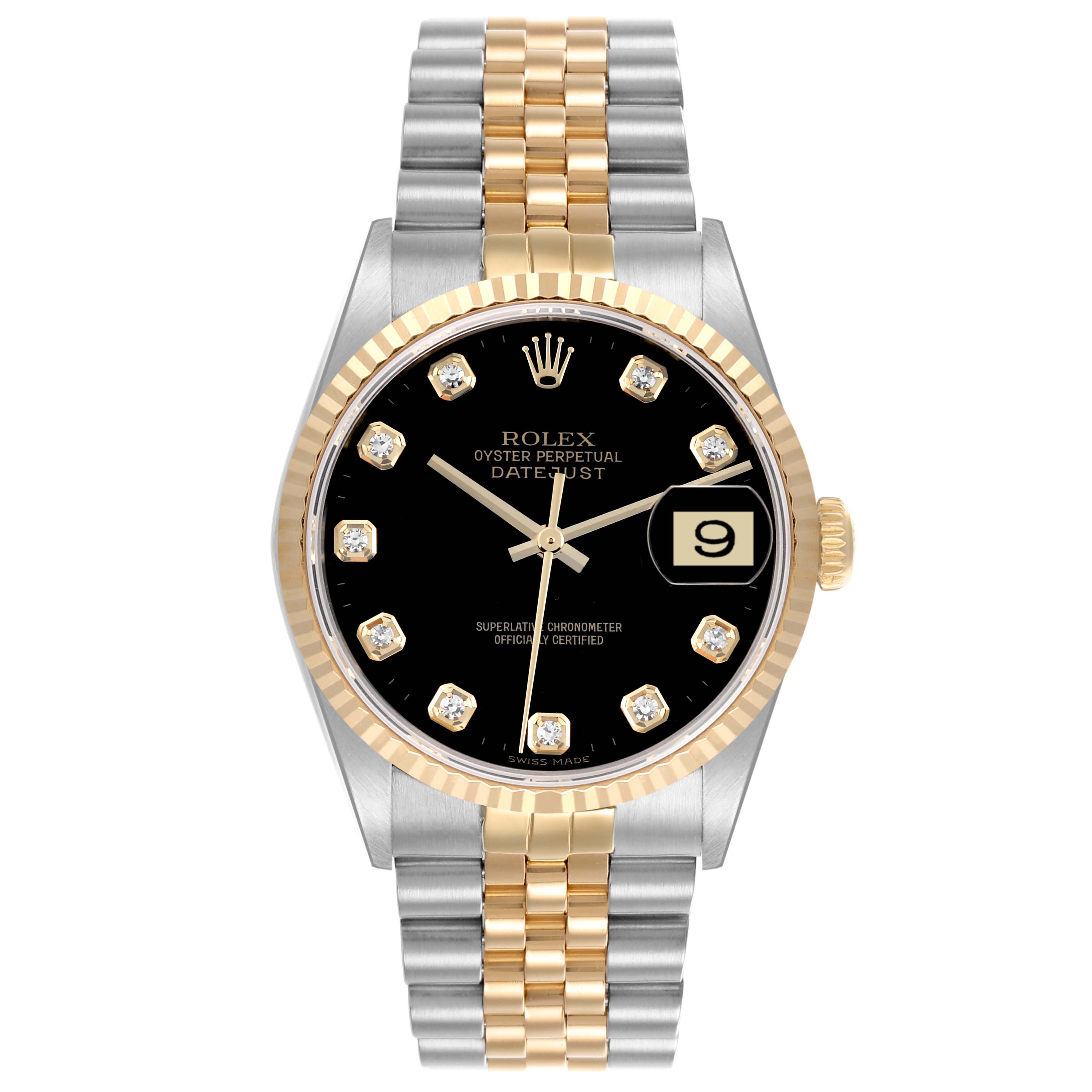 The Rolex Datejust 16233 Men's Steel and Gold (two tone) Black Dial 16233 Men's Steel and Gold (two tone) Black Dial watch is shown from the front, displaying its dial, bezel, and two-tone bracelet.