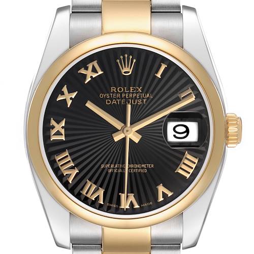 The image shows a frontal view of a Rolex Datejust 116203 Men's Steel and Gold (two tone) Black Dial watch, highlighting the dial, bezel, and bracelet.