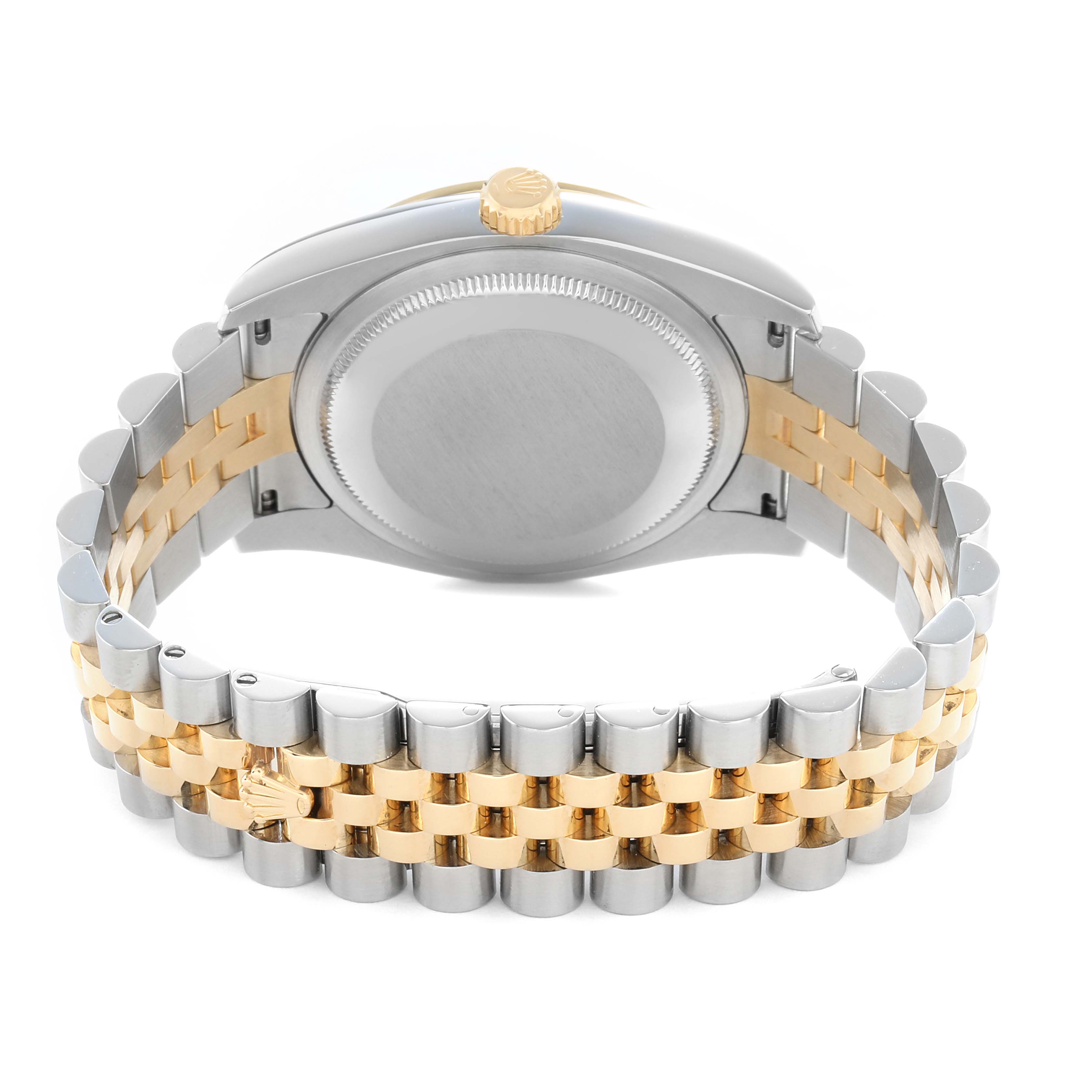 This image shows the back case and bracelet of a Rolex Datejust 116243 Men
s Steel and Gold (two tone) Champagne Dial, highlighting its two-tone metal design.