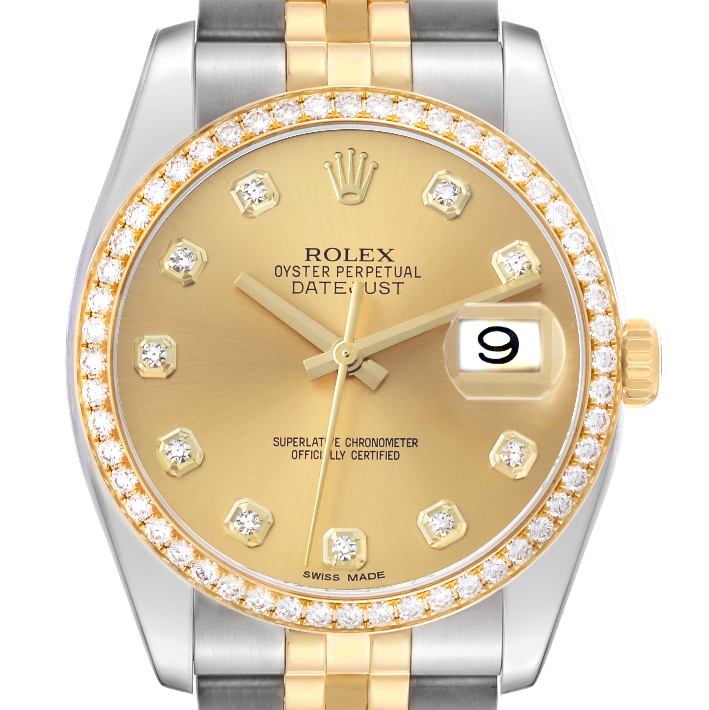 The Rolex Datejust 116243 Men
s Steel and Gold (two tone) Champagne Dial is shown from a straight-on angle, highlighting the diamond bezel, champagne dial, and date magnification.