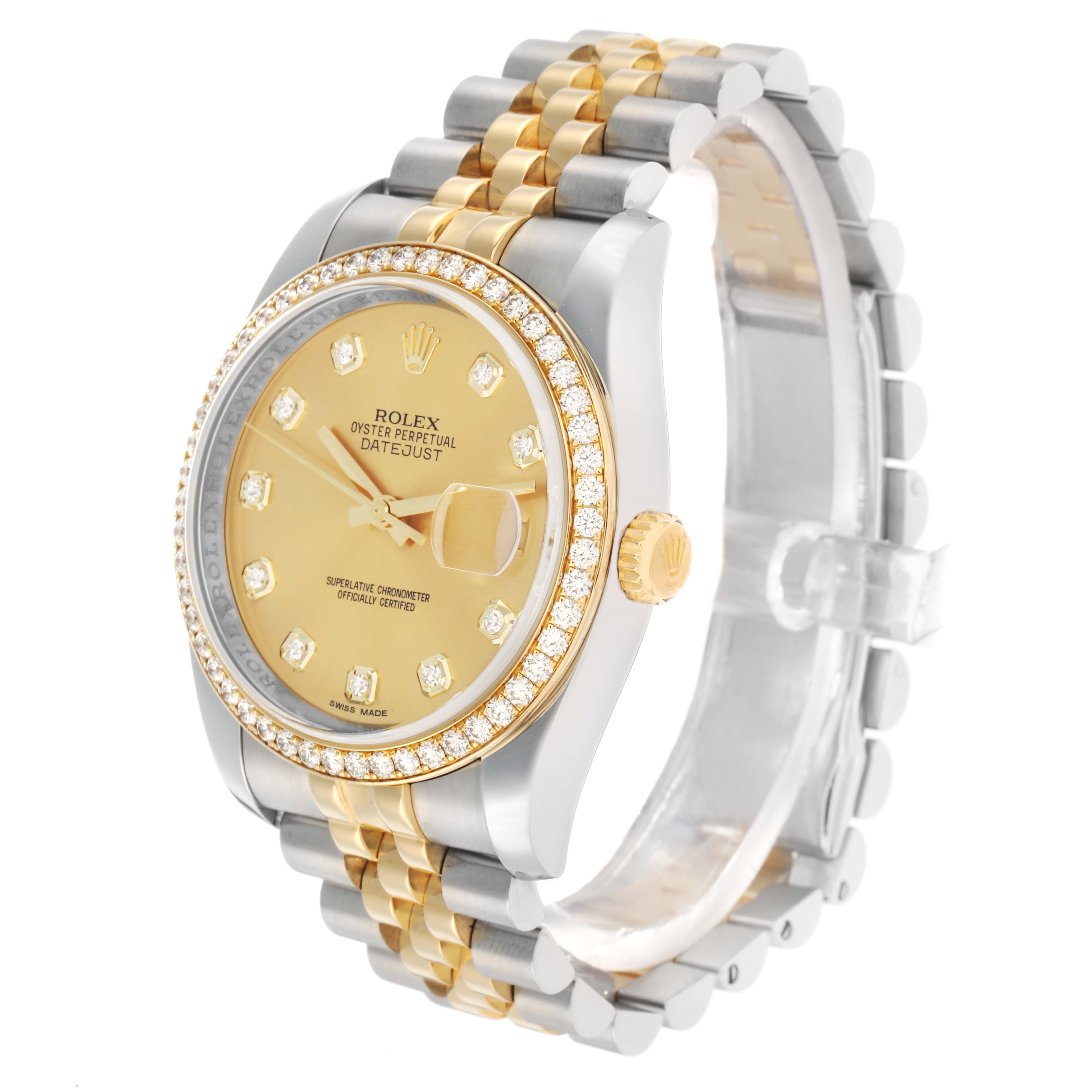 The Rolex Datejust 116243 Men
s Steel and Gold (two tone) Champagne Dial watch is shown at a three-quarter angle, highlighting the gold and silver bracelet, diamond bezel, and gold dial.