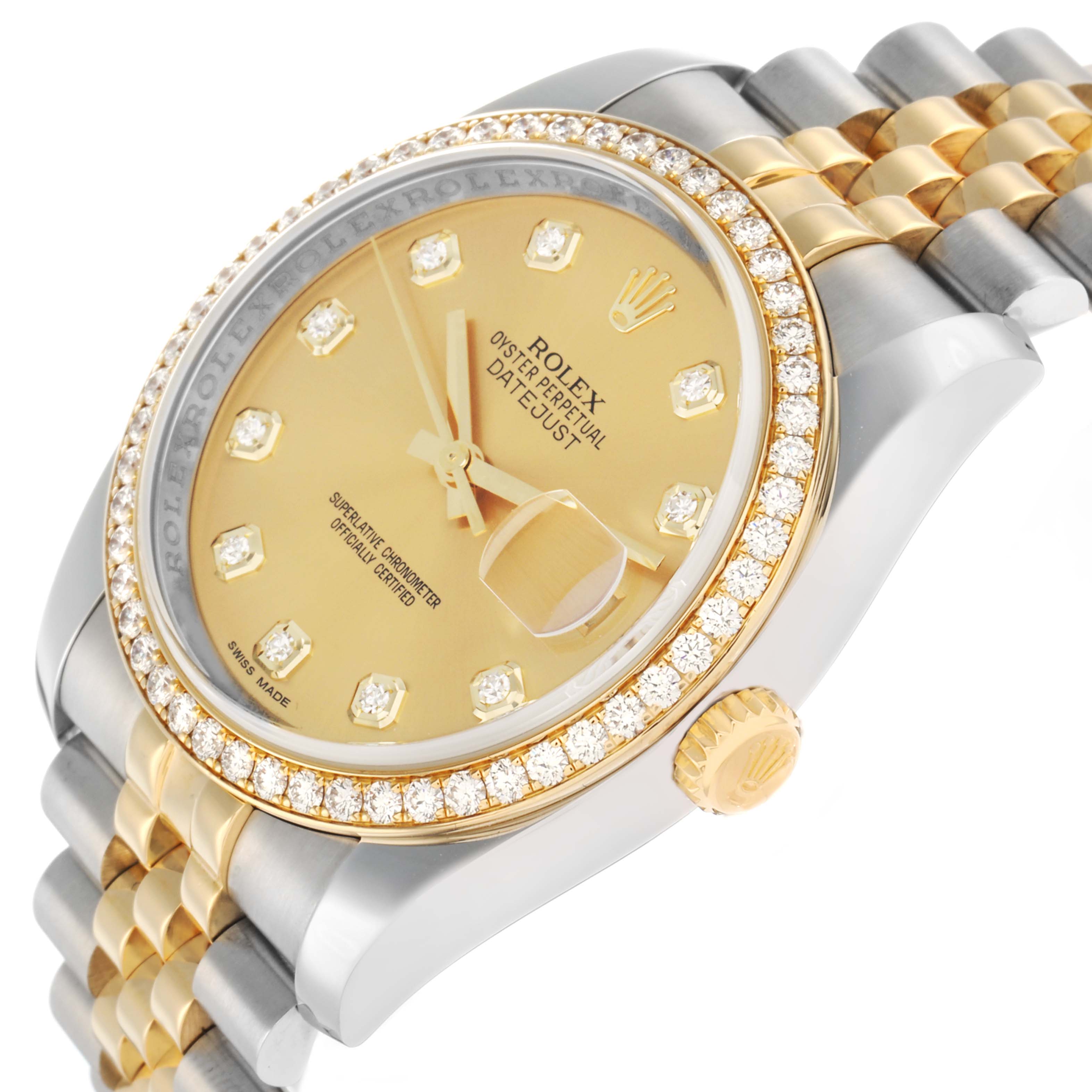 The Rolex Datejust 116243 Men
s Steel and Gold (two tone) Champagne Dial watch is shown at an oblique angle, highlighting the dial, bezel, and bracelet.