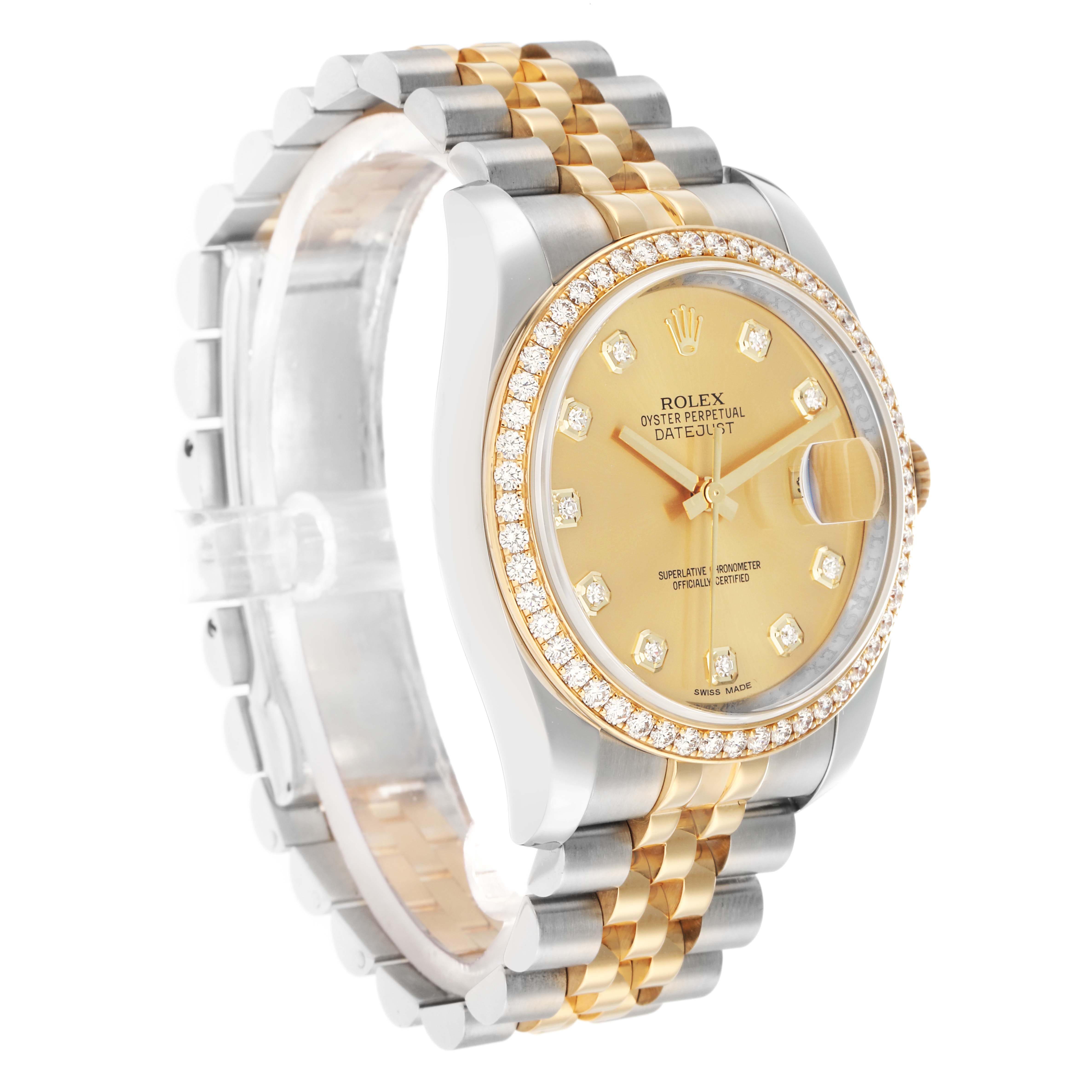 The Rolex Datejust 116243 Men
s Steel and Gold (two tone) Champagne Dial watch is shown at a three-quarter angle highlighting its gold and silver bracelet, diamond bezel, and champagne dial.