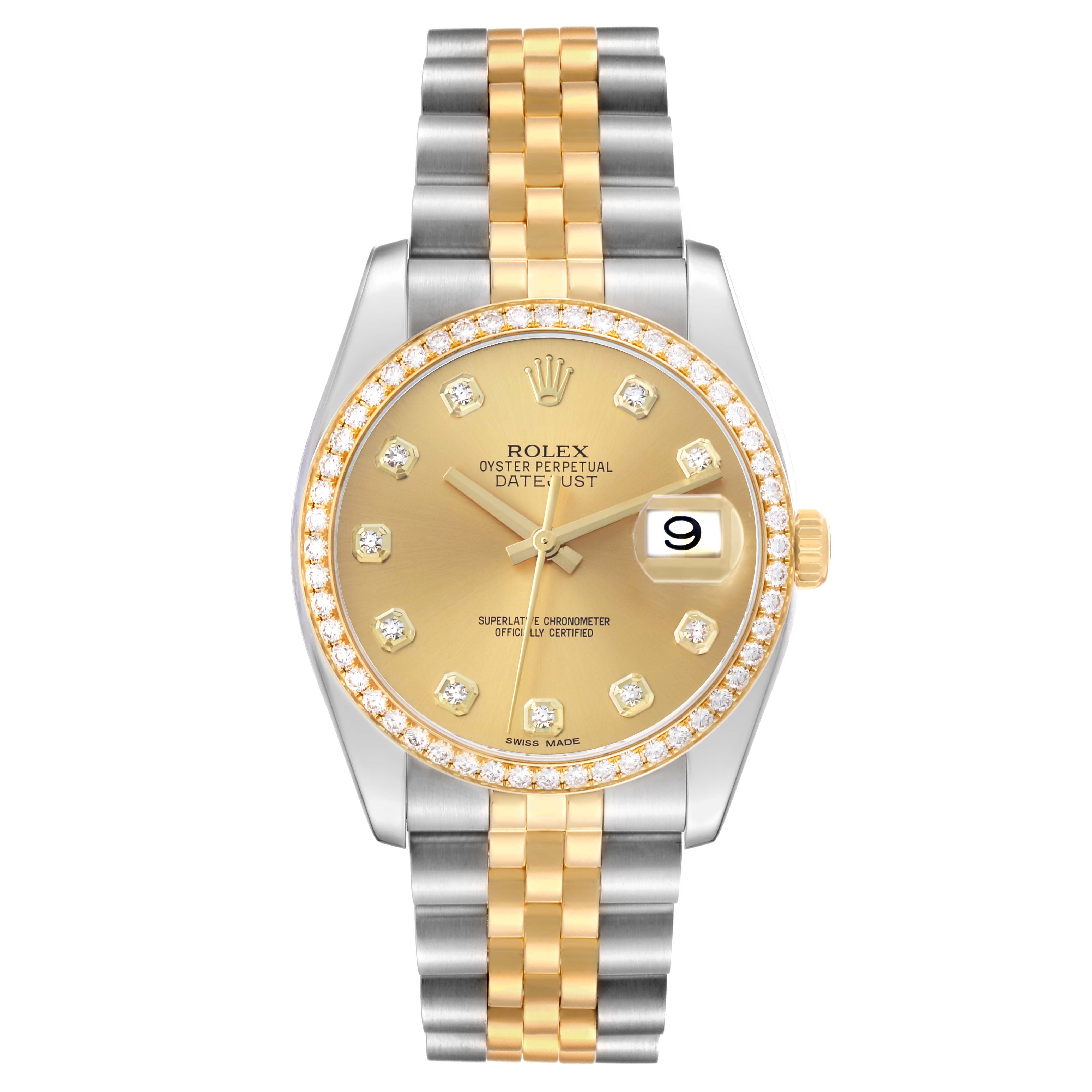 The image shows a front view of a Rolex Datejust 116243 Men
s Steel and Gold (two tone) Champagne Dial watch, featuring a gold dial, diamond markers, and a two-tone metal bracelet.