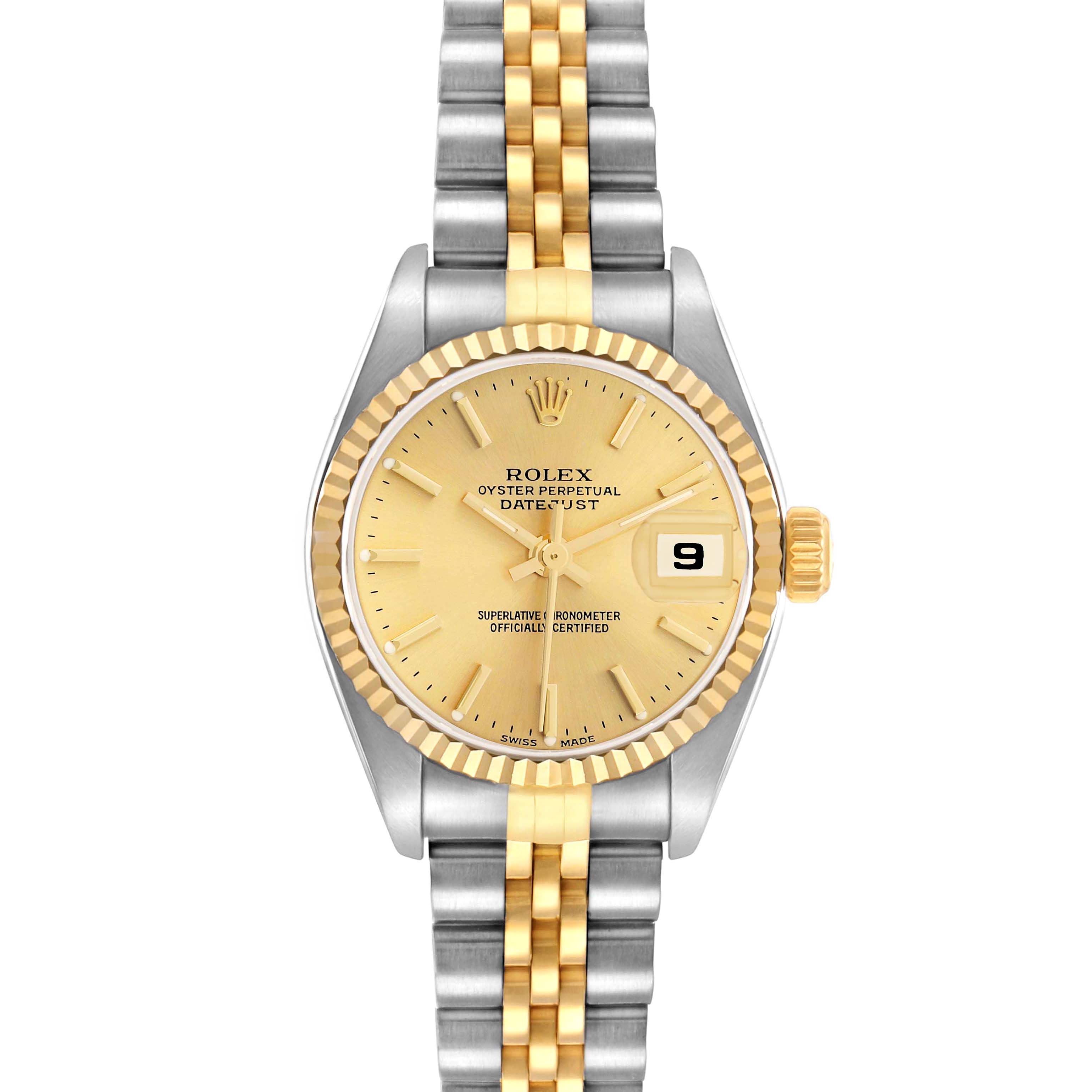The Rolex Datejust 79173 Women
s Steel and Gold (two tone) Champagne Dial watch is shown from the front, displaying the dial, hands, fluted bezel, bracelet, and date window.