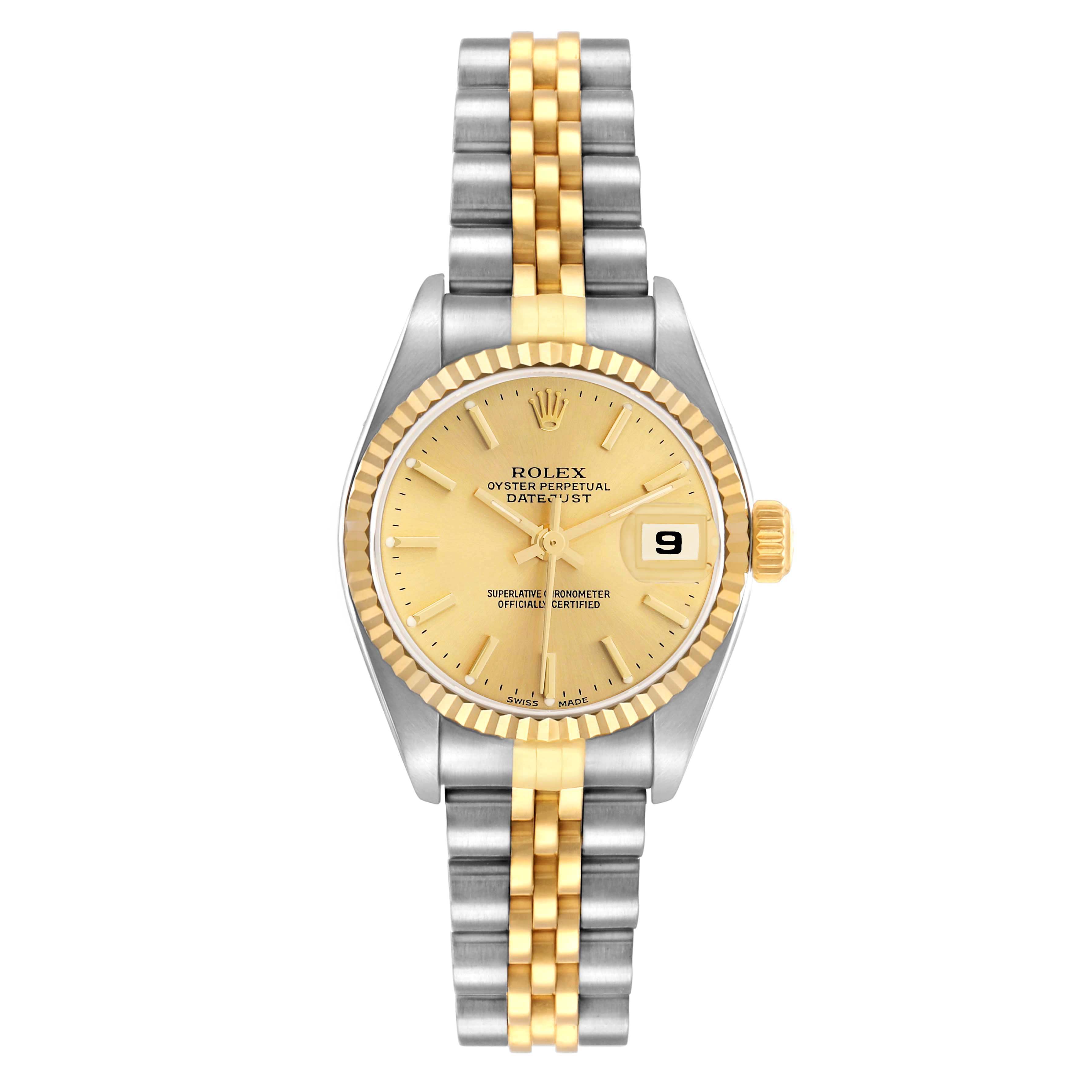 The Rolex Datejust 79173 Women
s Steel and Gold (two tone) Champagne Dial watch is shown from a front angle, highlighting the dial, bezel, bracelet, and crown.