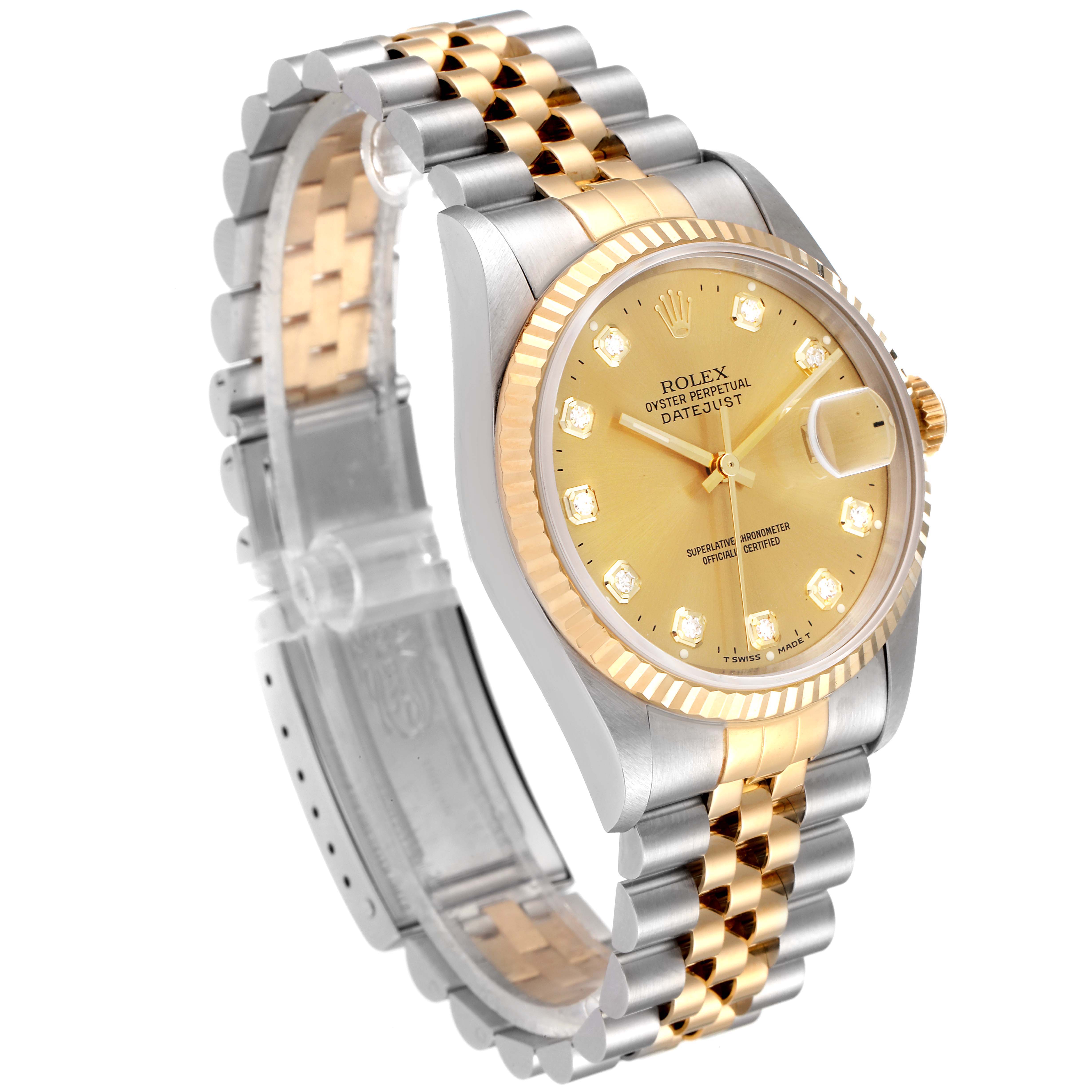 This Rolex Datejust 16233 Men's Steel and Gold (two tone) Champagne Dial 16233 Men's Steel and Gold (two tone) Champagne Dial watch is shown at a three-quarter angle, displaying the dial, bezel, and two-tone bracelet.