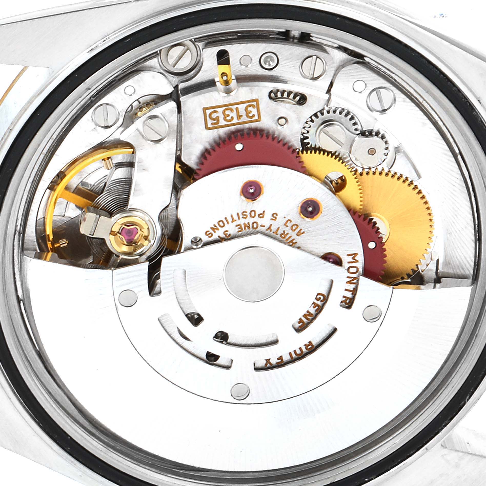 The image shows a close-up, detailed view of the internal mechanism of a Rolex Datejust 16233 Men's Steel and Gold (two tone) Champagne Dial 16233 Men's Steel and Gold (two tone) Champagne Dial watch.