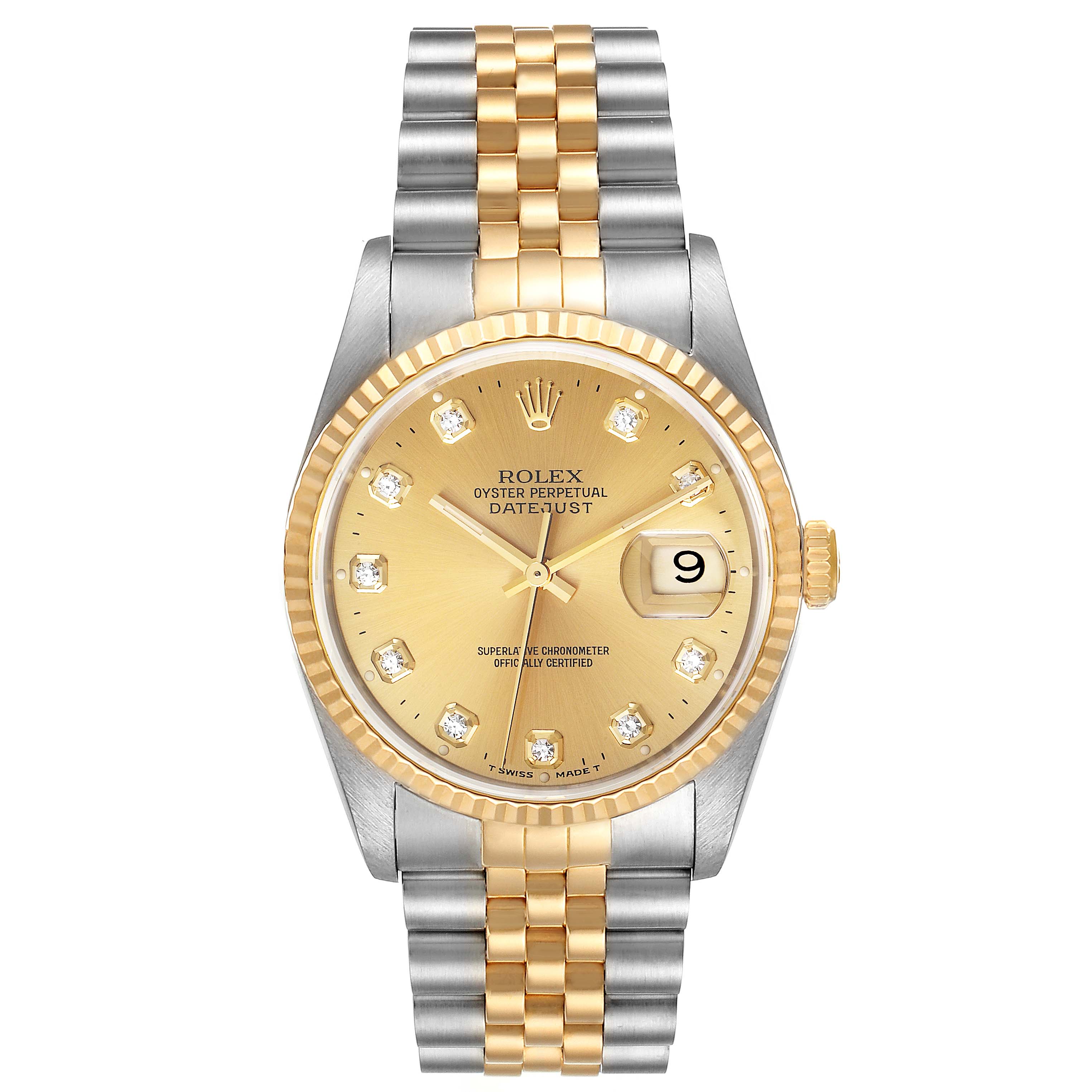 This image shows a front view of the Rolex Datejust 16233 Men's Steel and Gold (two tone) Champagne Dial 16233 Men's Steel and Gold (two tone) Champagne Dial watch, highlighting its dial, bezel, and Jubilee bracelet.