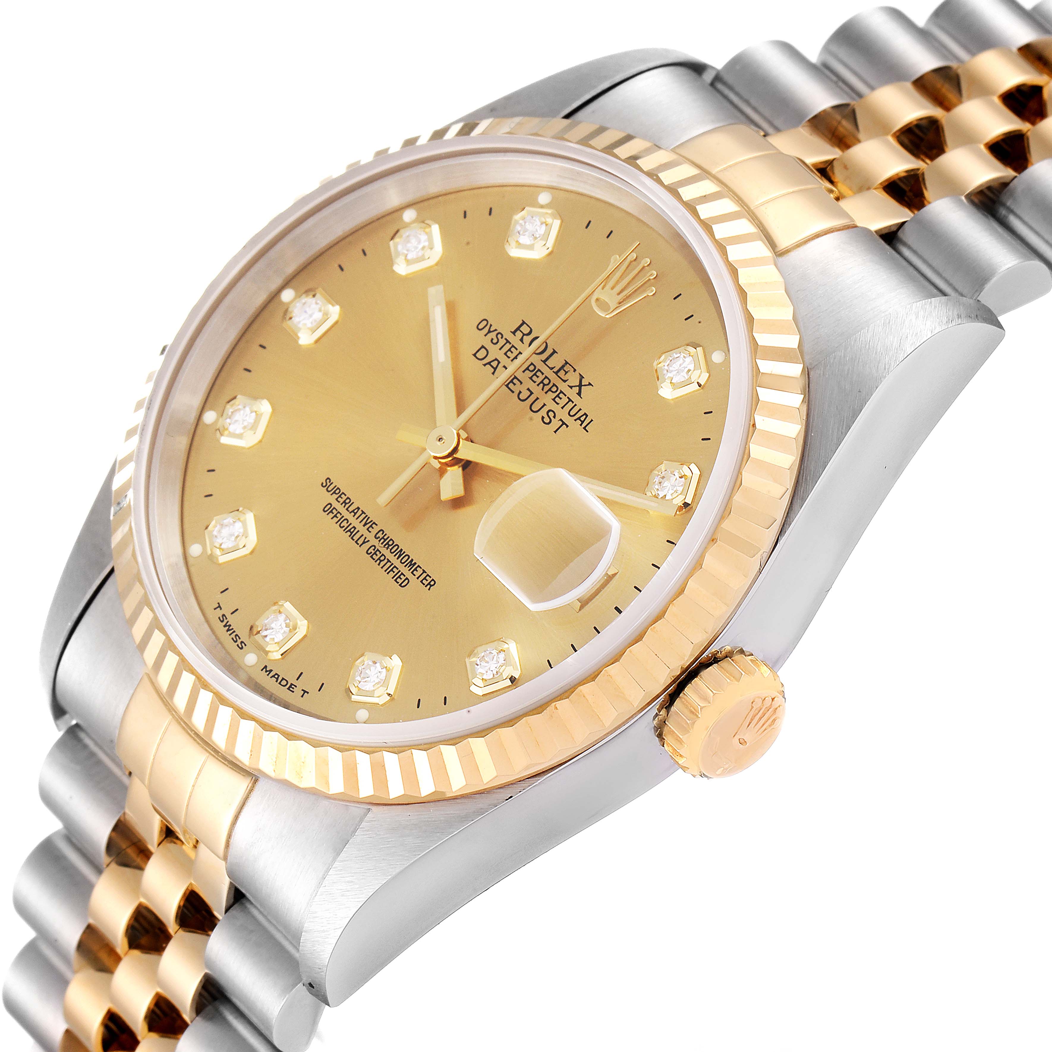 The image shows a close-up angled view of a Rolex Datejust 16233 Men's Steel and Gold (two tone) Champagne Dial 16233 Men's Steel and Gold (two tone) Champagne Dial watch, highlighting the dial, crown, and part of the bracelet.