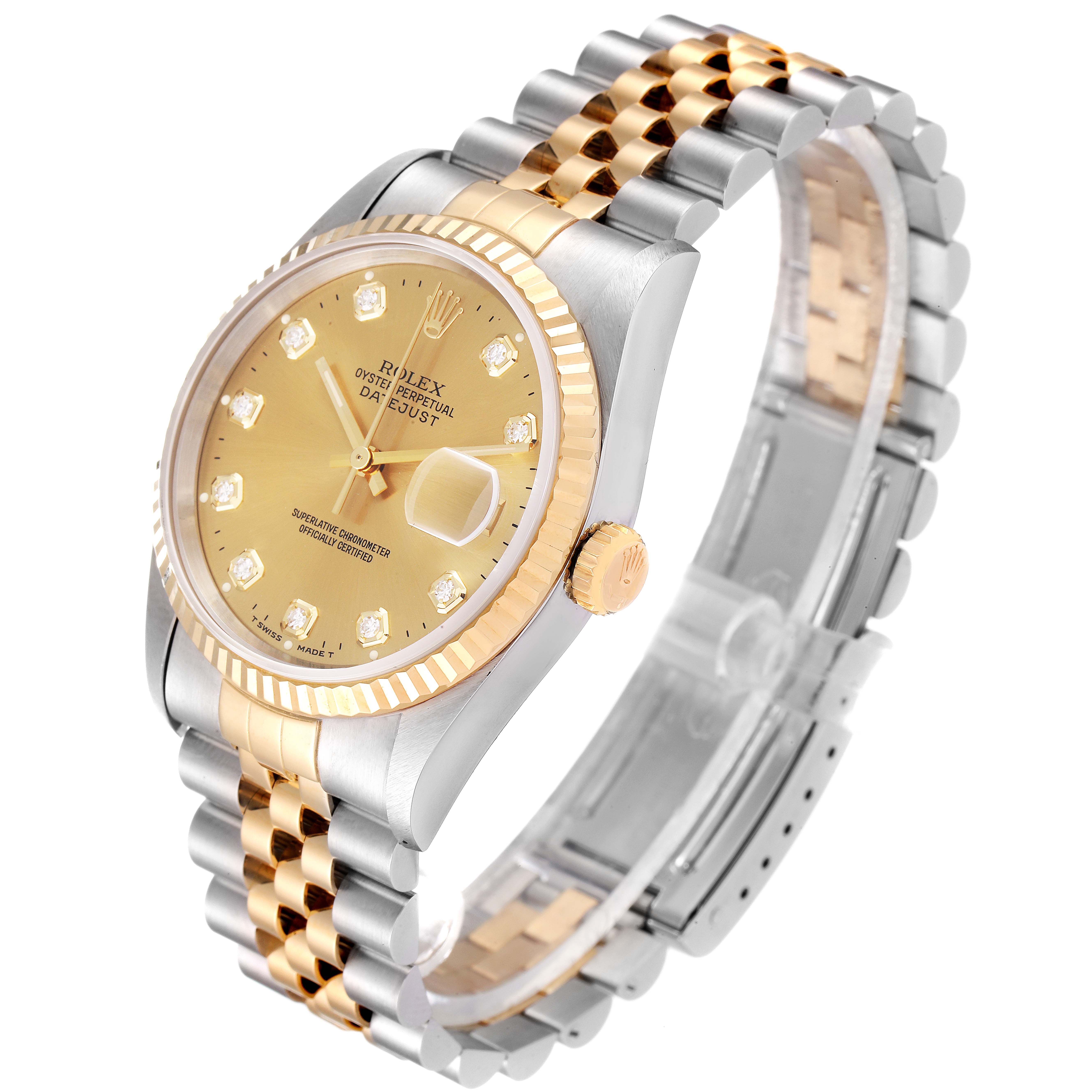 The Rolex Datejust 16233 Men's Steel and Gold (two tone) Champagne Dial 16233 Men's Steel and Gold (two tone) Champagne Dial watch is shown at a 3/4 angle, highlighting its gold and silver fluted bezel, dial, and two-tone bracelet.