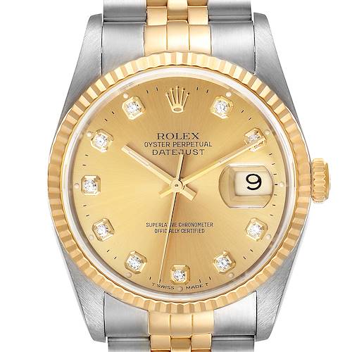 Photo of Rolex Datejust Steel Yellow Gold Champagne Diamond Dial Watch 16233 Box Papers