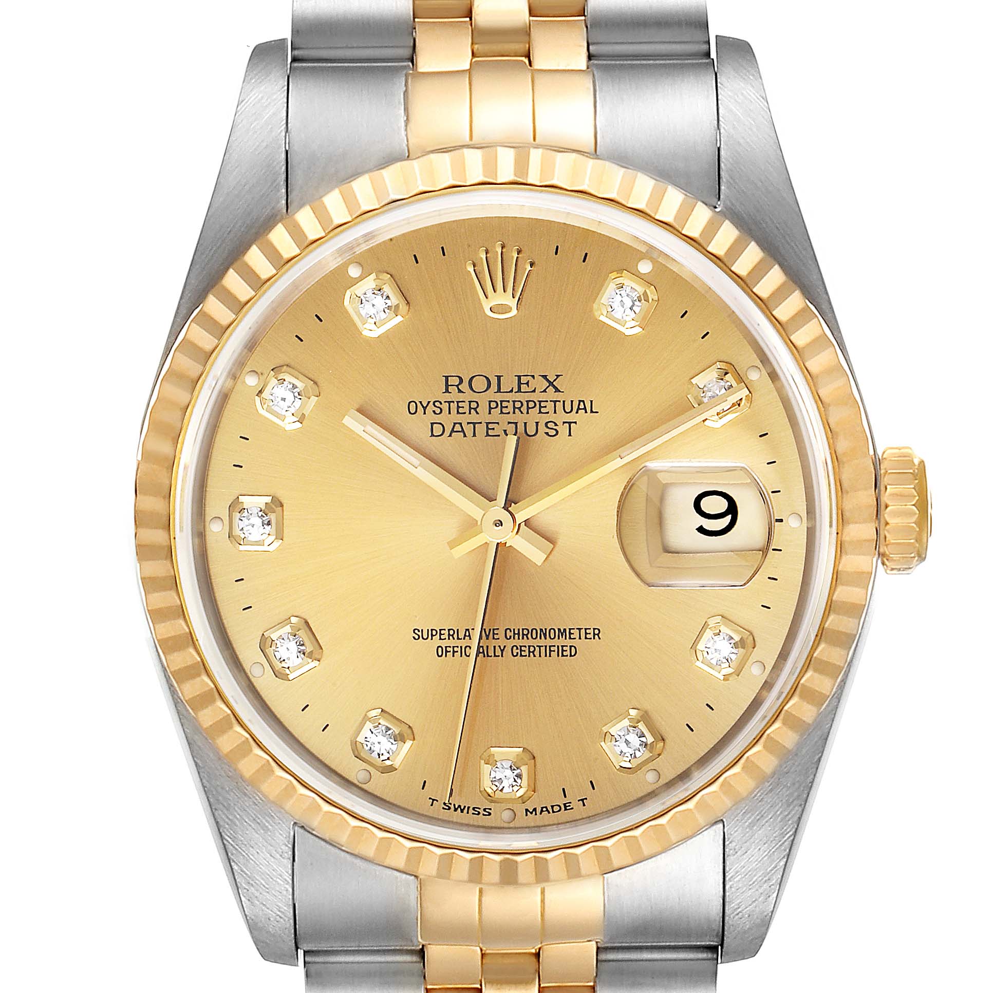 This is a close-up of the dial and part of the strap of a Rolex Datejust 16233 Men's Steel and Gold (two tone) Champagne Dial 16233 Men's Steel and Gold (two tone) Champagne Dial watch, featuring a gold and silver two-tone design.