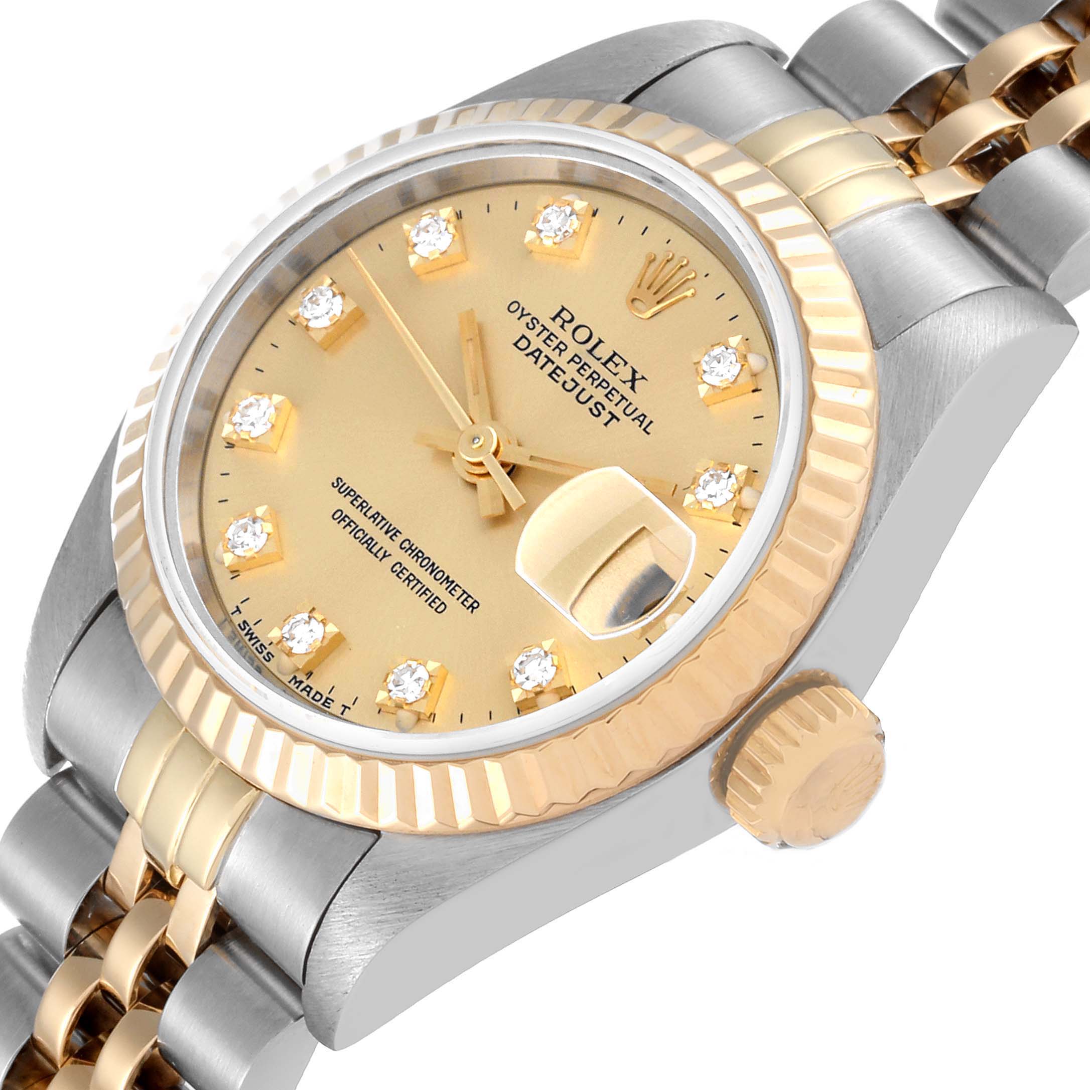 The image shows a Rolex Datejust 69173 Women's Steel and Gold (two tone) Champagne Dial 69173 Women's Steel and Gold (two tone) Champagne Dial watch partially from an angled top view, highlighting the dial, bezel, and crown.
