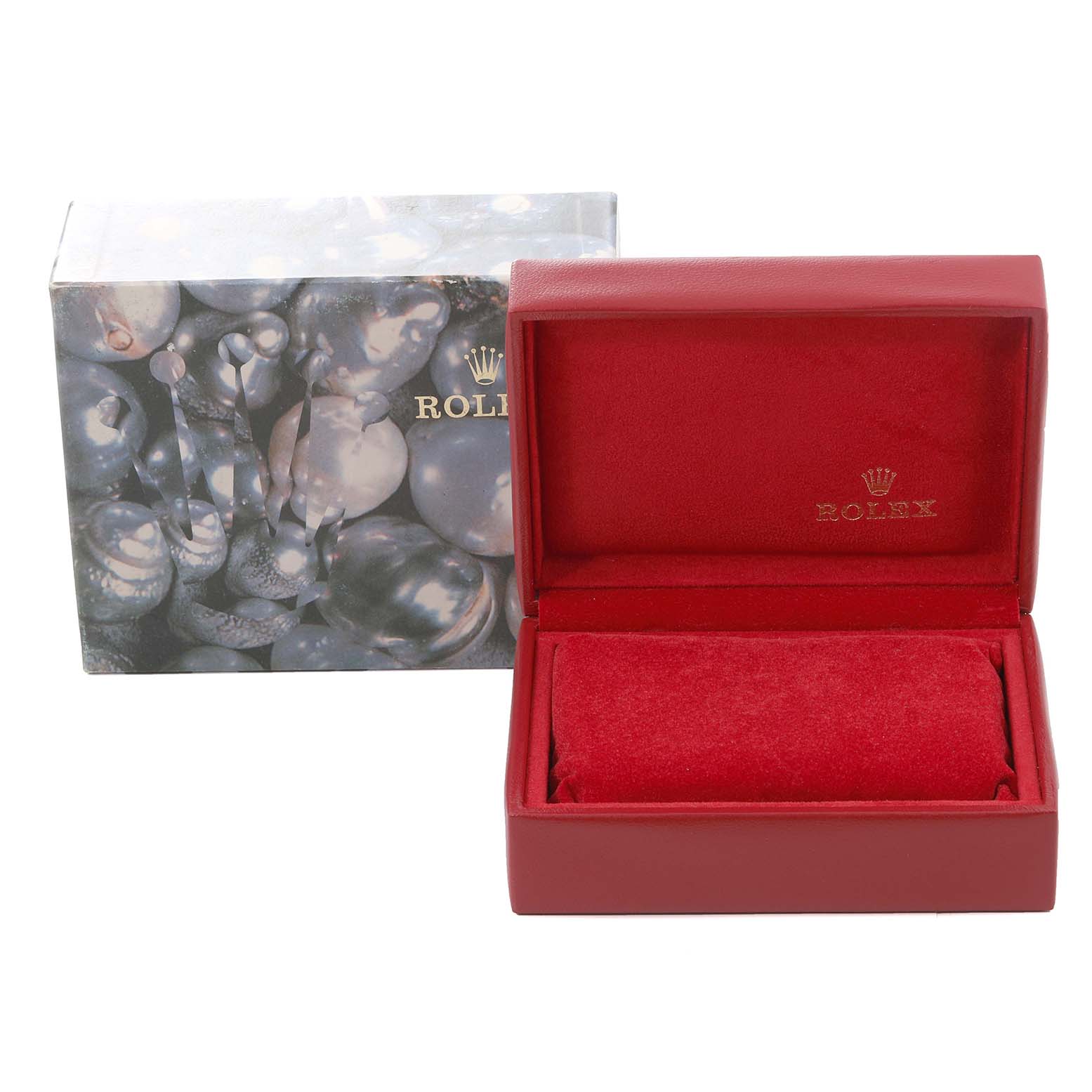 This image shows the open box and outer packaging for a Rolex Datejust 69173 Women's Steel and Gold (two tone) Champagne Dial 69173 Women's Steel and Gold (two tone) Champagne Dial watch.