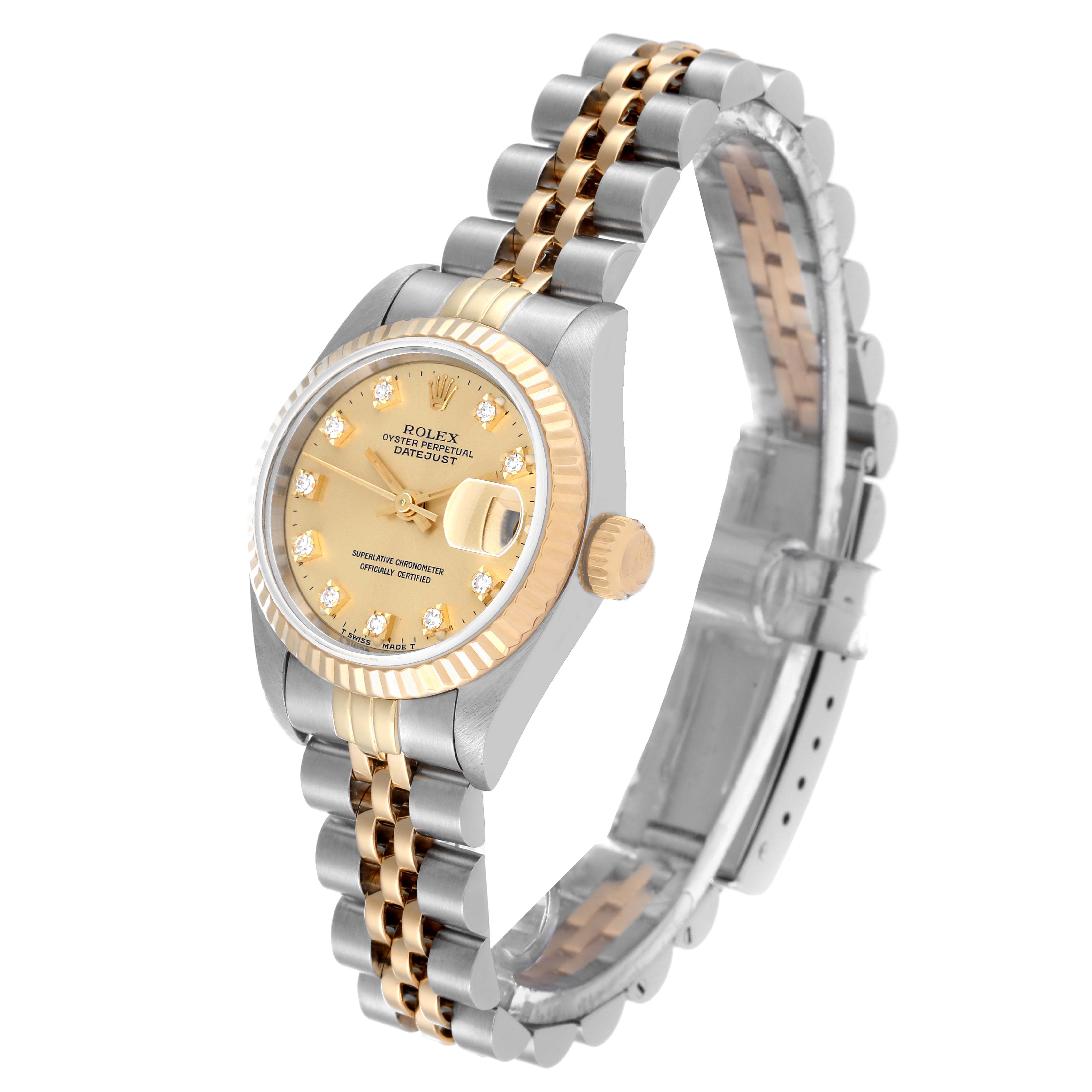The Rolex Datejust 69173 Women's Steel and Gold (two tone) Champagne Dial 69173 Women's Steel and Gold (two tone) Champagne Dial watch is shown at a three-quarter angle, displaying the face, bezel, crown, and bracelet.