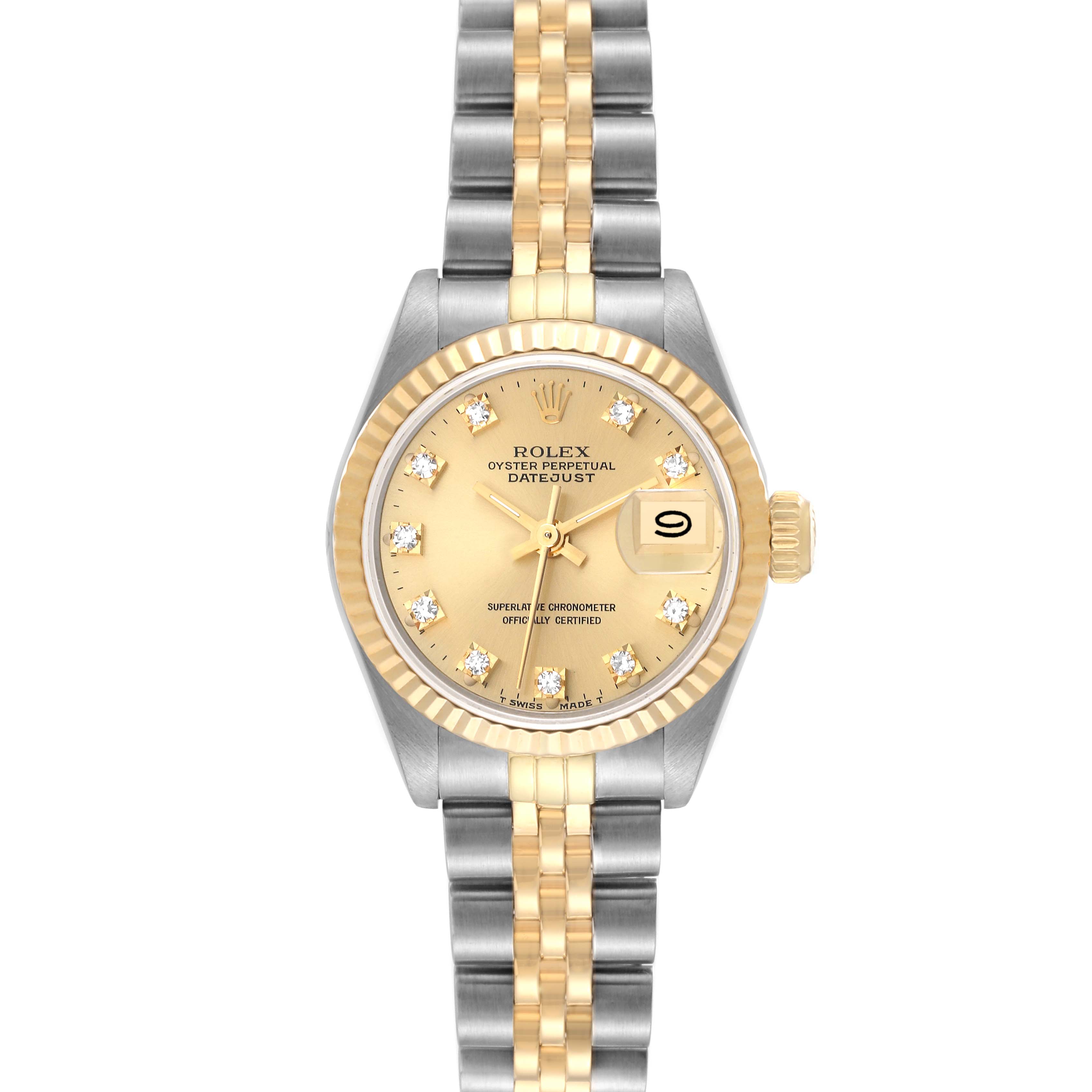 This image shows a Rolex Datejust 69173 Women's Steel and Gold (two tone) Champagne Dial 69173 Women's Steel and Gold (two tone) Champagne Dial watch, displaying its entire face, bezel, and two-tone bracelet from a front angle.