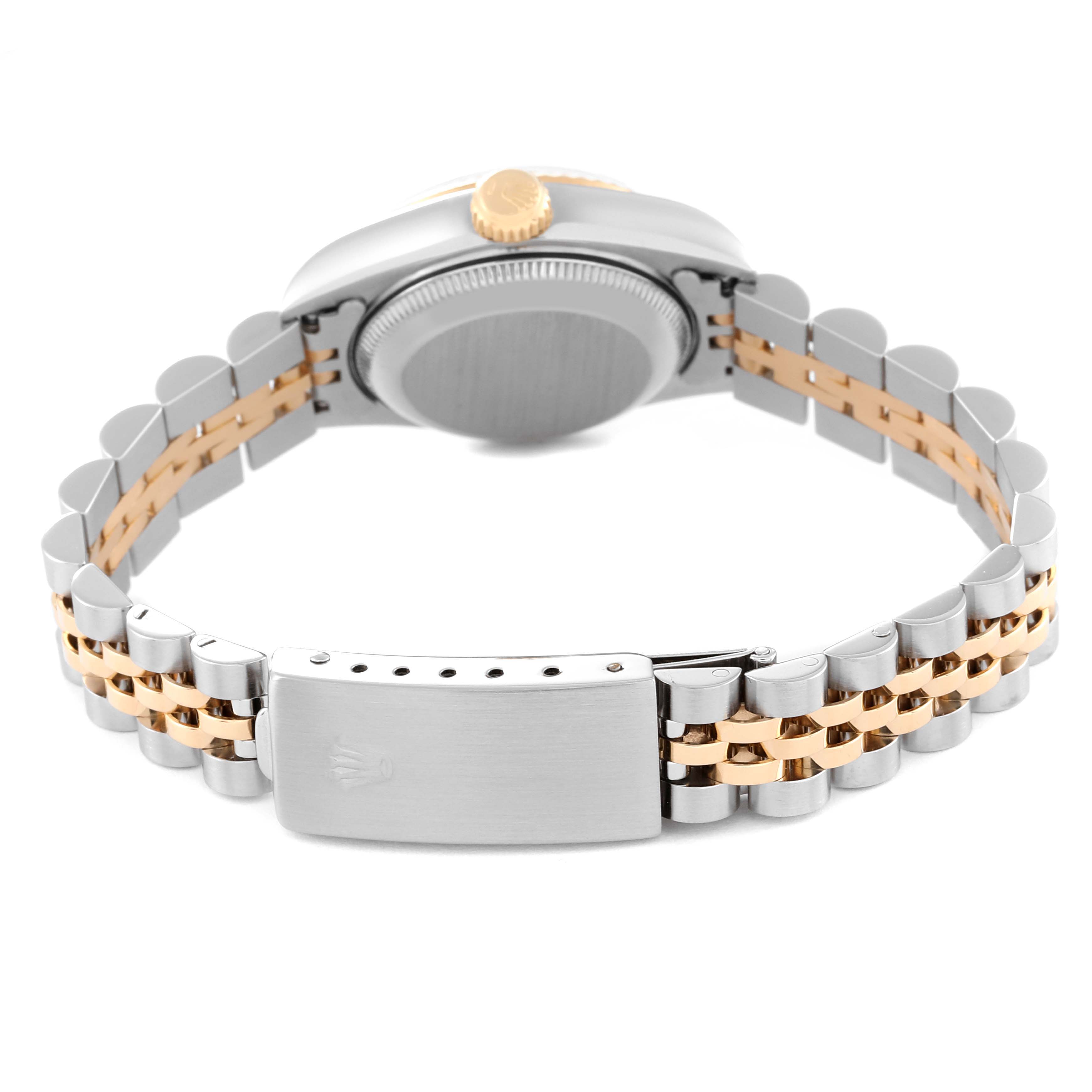 The image shows the back, clasp, and bracelet of a Rolex Datejust 69173 Women's Steel and Gold (two tone) Champagne Dial 69173 Women's Steel and Gold (two tone) Champagne Dial watch at an angled side view.
