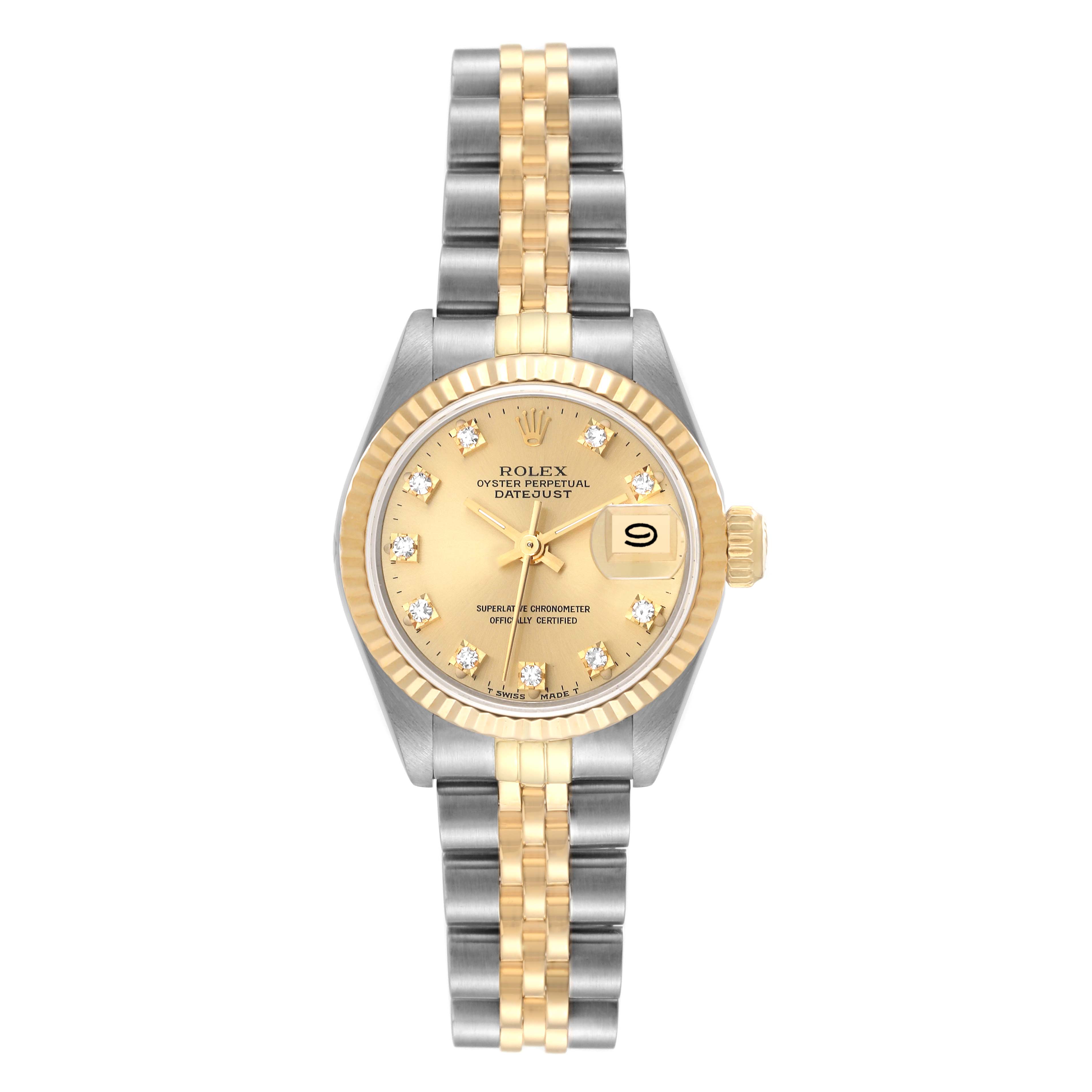 The image shows a frontal view of a Rolex Datejust 69173 Women's Steel and Gold (two tone) Champagne Dial 69173 Women's Steel and Gold (two tone) Champagne Dial watch, highlighting its two-tone bracelet, date display, and gold dial.