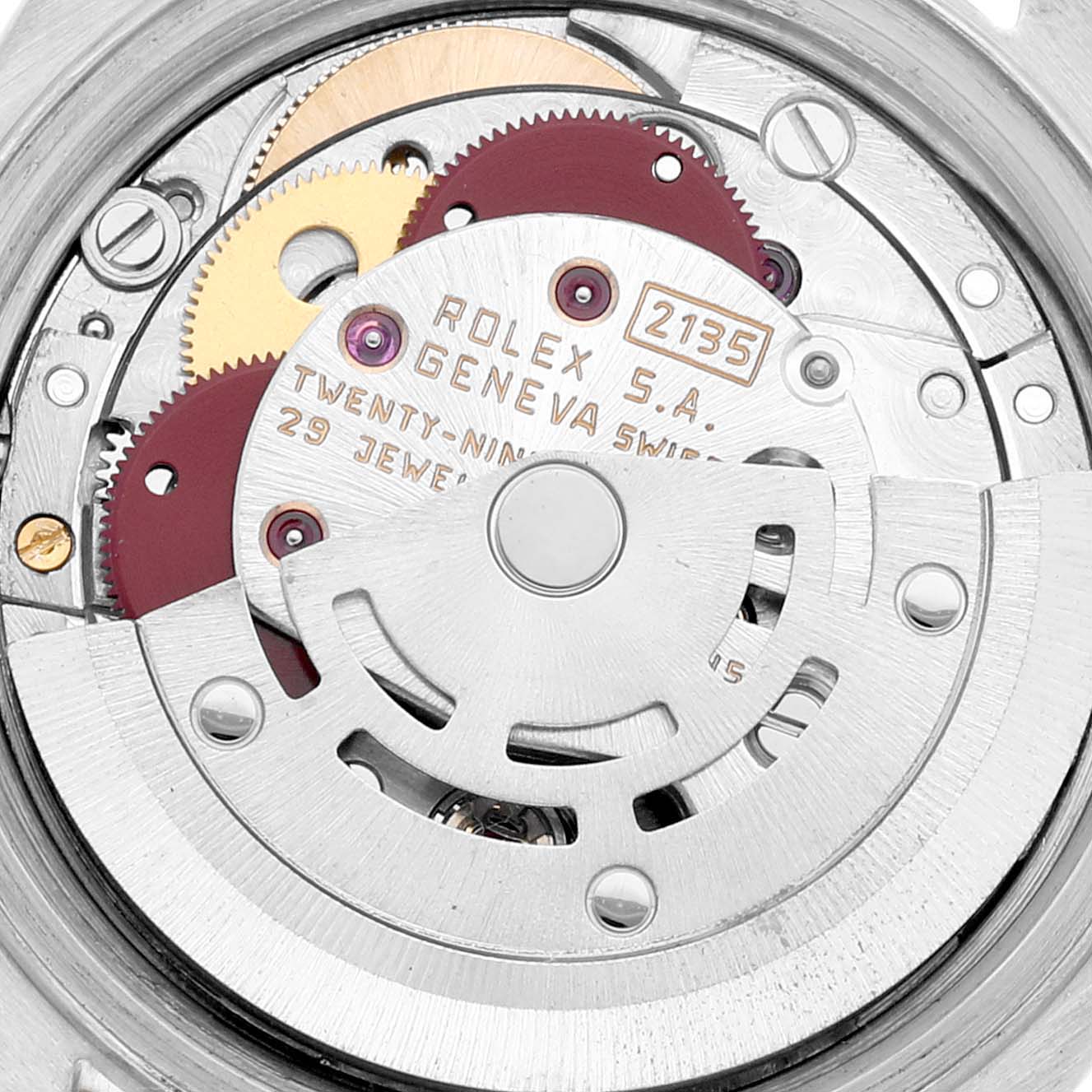 This image shows the internal mechanisms of a Rolex Datejust 69173 Women's Steel and Gold (two tone) Champagne Dial 69173 Women's Steel and Gold (two tone) Champagne Dial watch, focusing on the rotor and gears.