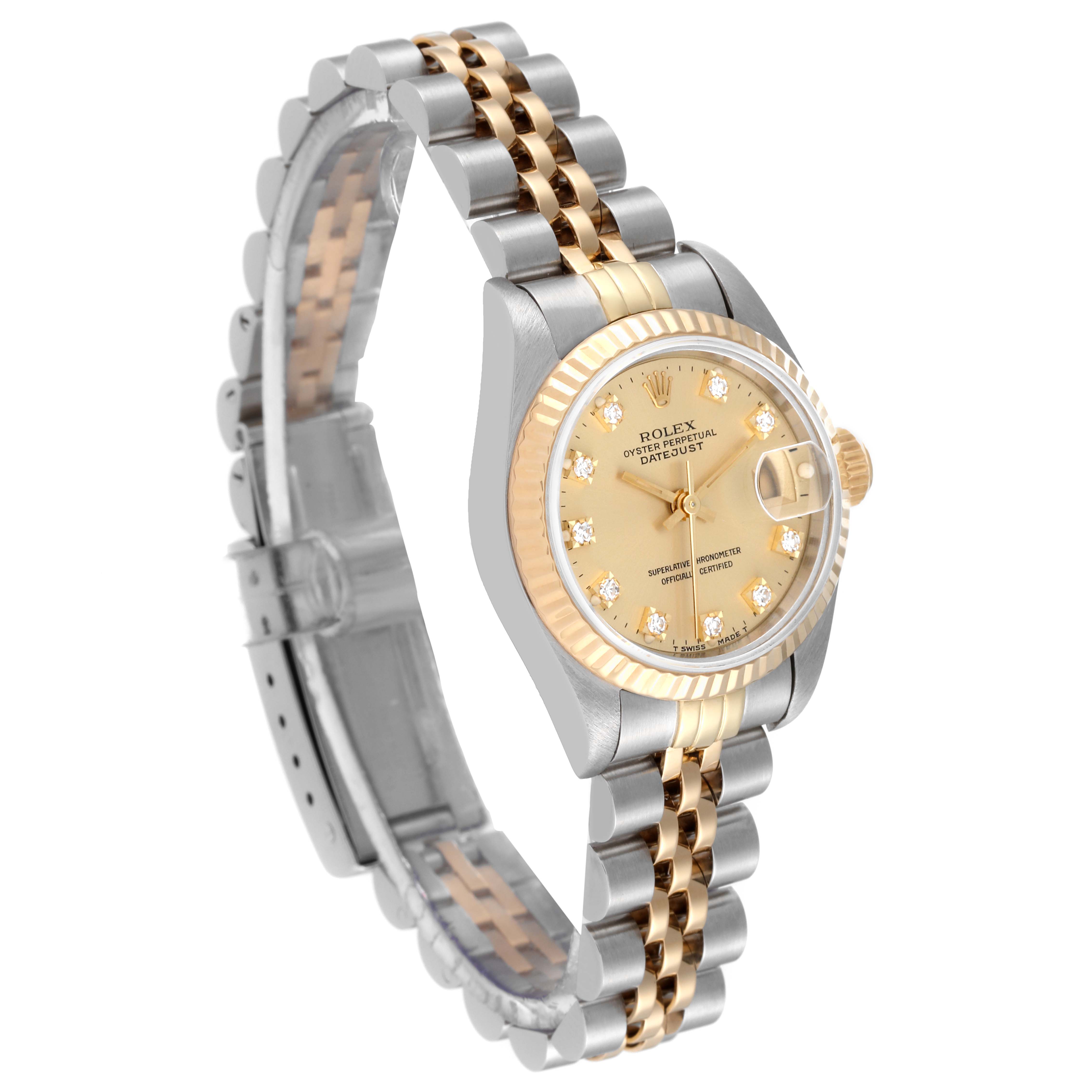 This Rolex Datejust 69173 Women's Steel and Gold (two tone) Champagne Dial 69173 Women's Steel and Gold (two tone) Champagne Dial watch is shown at a three-quarter angle, highlighting the dial, bezel, and two-tone bracelet.