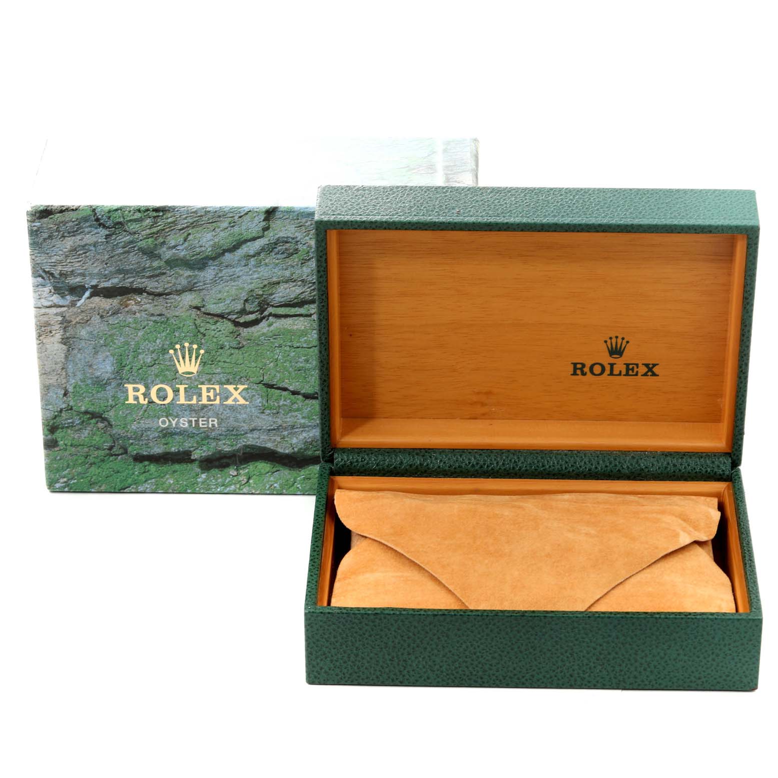 This image shows an open green Rolex box for the Datejust model, revealing a beige cushion inside.