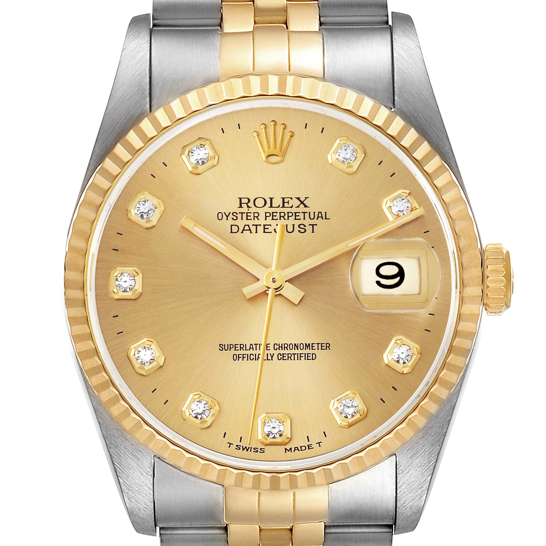 This image shows a front view of the Rolex Datejust 16233 Men's Steel and Gold (two tone) Champagne Dial 16233 Men's Steel and Gold (two tone) Champagne Dial watch, highlighting its gold dial, date window, and two-tone bracelet.