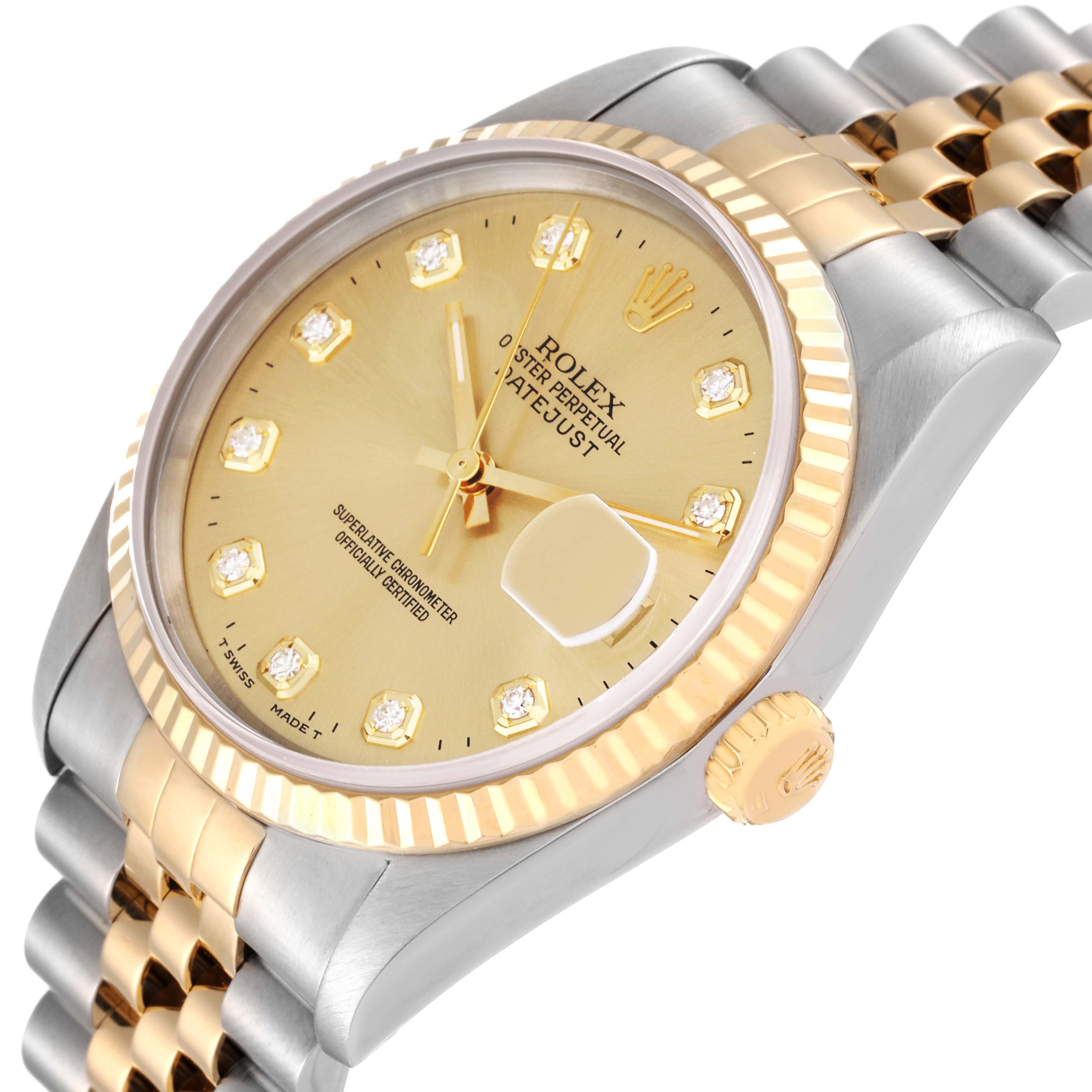The image shows a close-up angle of the Rolex Datejust 16233 Men's Steel and Gold (two tone) Champagne Dial 16233 Men's Steel and Gold (two tone) Champagne Dial watch, highlighting its dial, bezel, crown, and part of the bracelet.