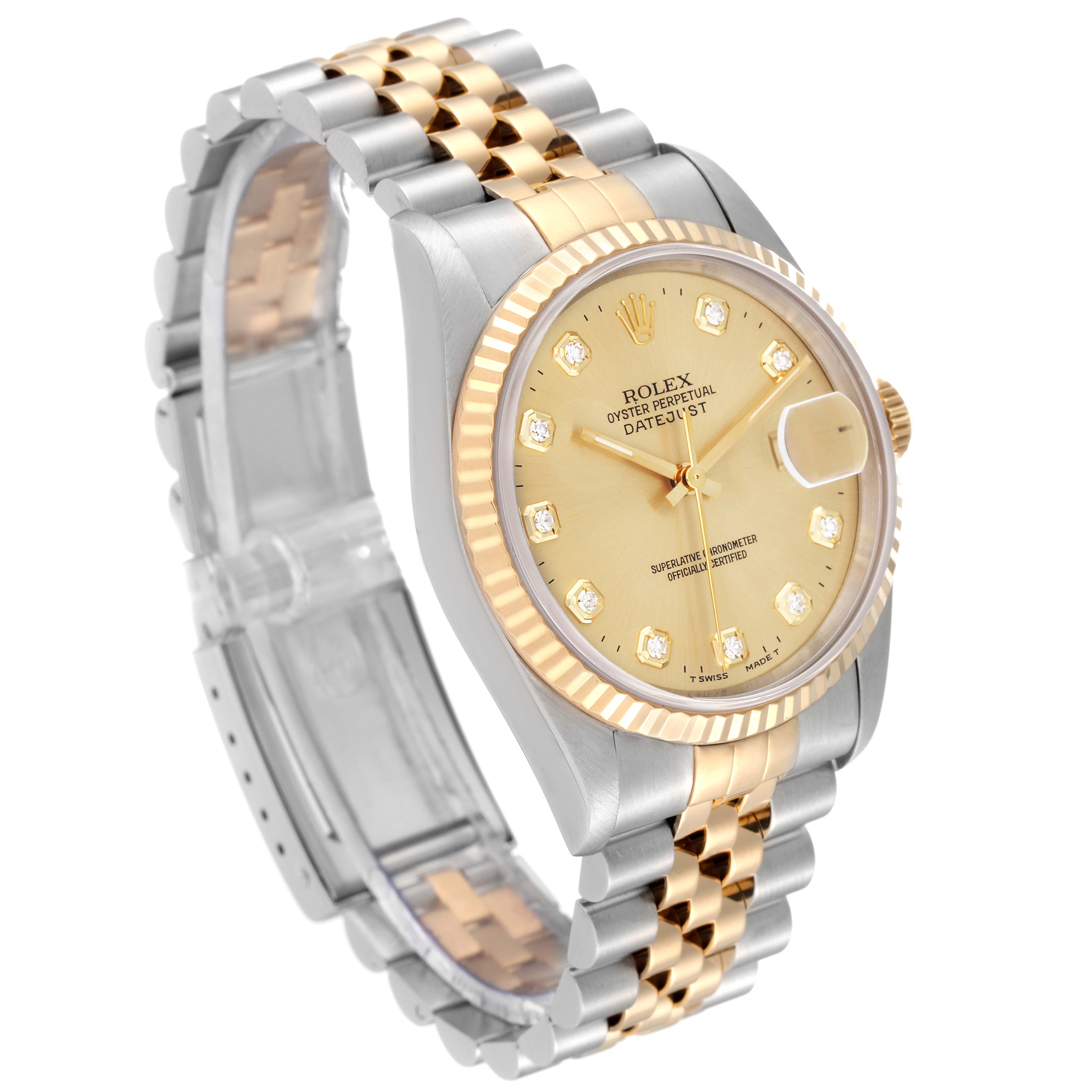 The image shows a Rolex Datejust 16233 Men's Steel and Gold (two tone) Champagne Dial 16233 Men's Steel and Gold (two tone) Champagne Dial watch at an angle, highlighting its two-tone bracelet, fluted bezel, and champagne dial.