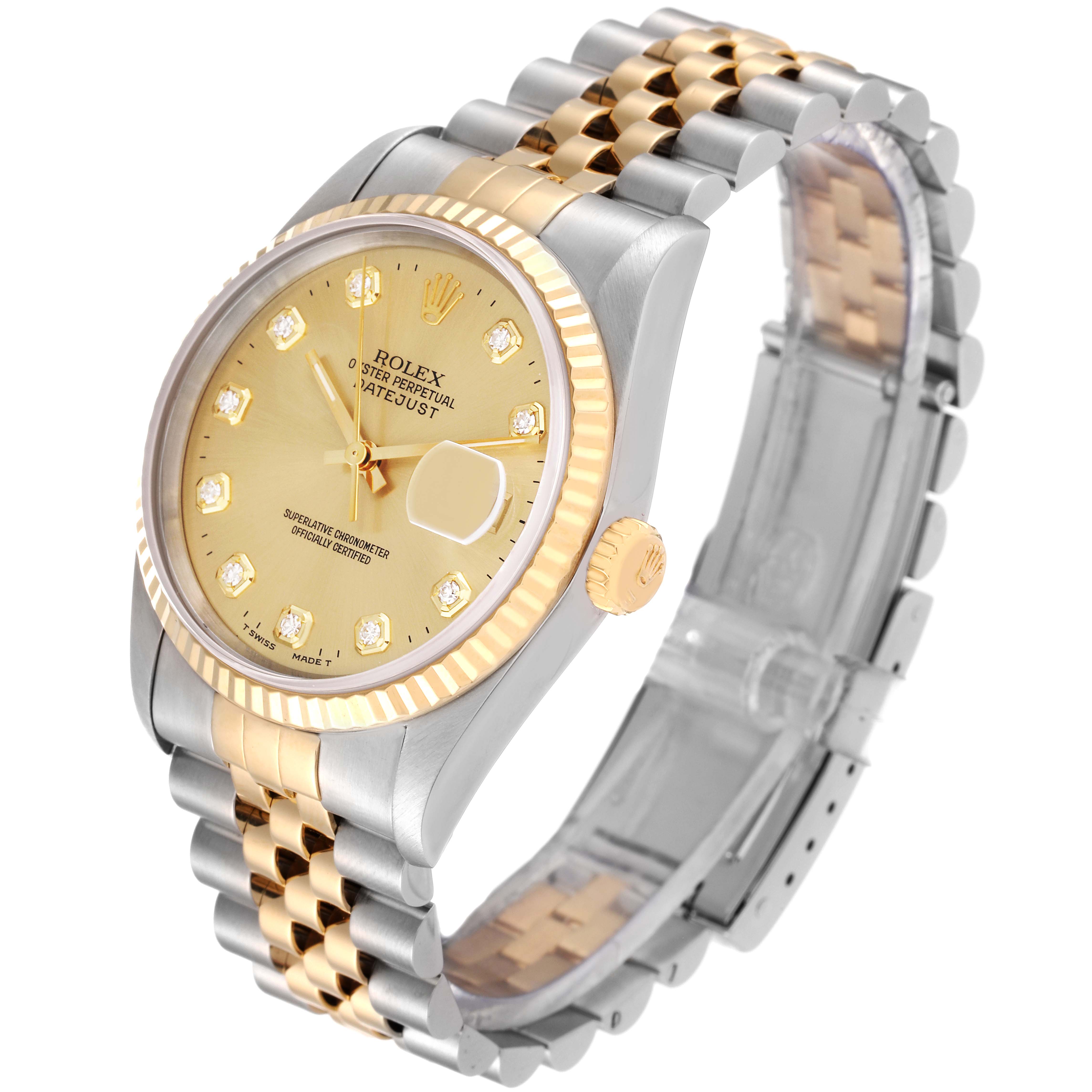 This side-angle shot showcases the Rolex Datejust 16233 Men's Steel and Gold (two tone) Champagne Dial 16233 Men's Steel and Gold (two tone) Champagne Dial model, highlighting its face, dial, bezel, and jubilee bracelet.
