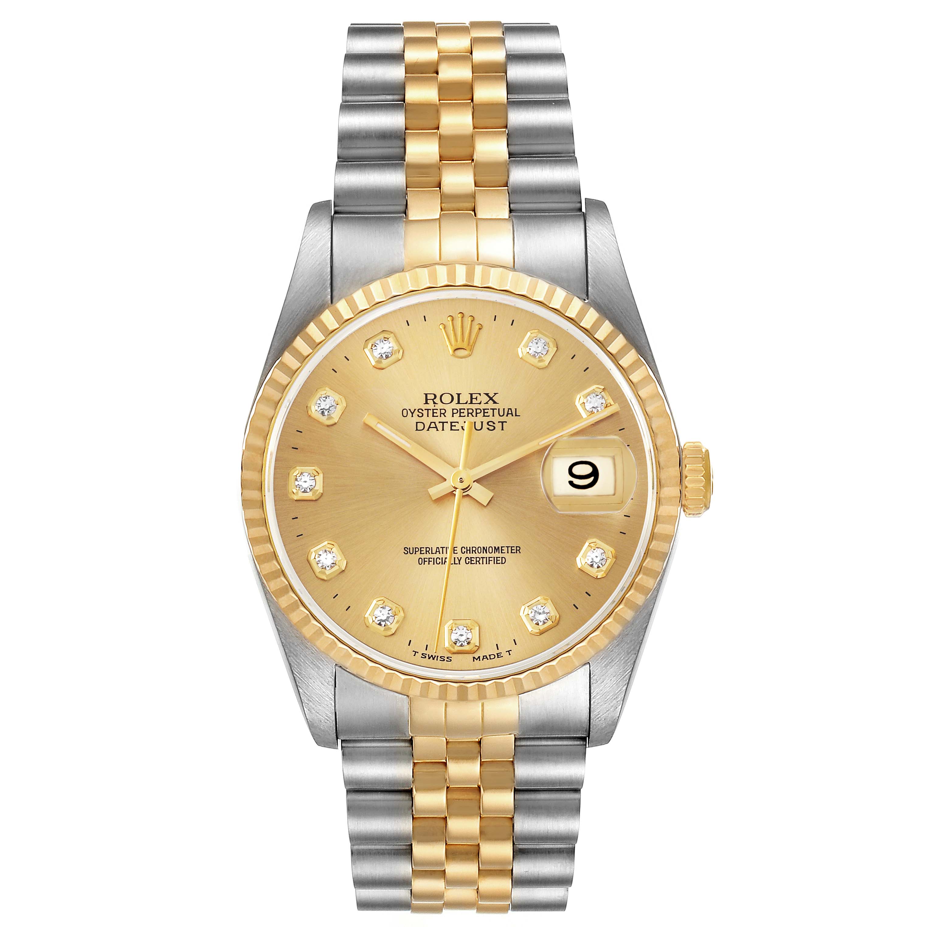 The image shows a frontal view of a Rolex Datejust 16233 Men's Steel and Gold (two tone) Champagne Dial 16233 Men's Steel and Gold (two tone) Champagne Dial watch featuring its dial, bezel, crown, and Jubilee bracelet.