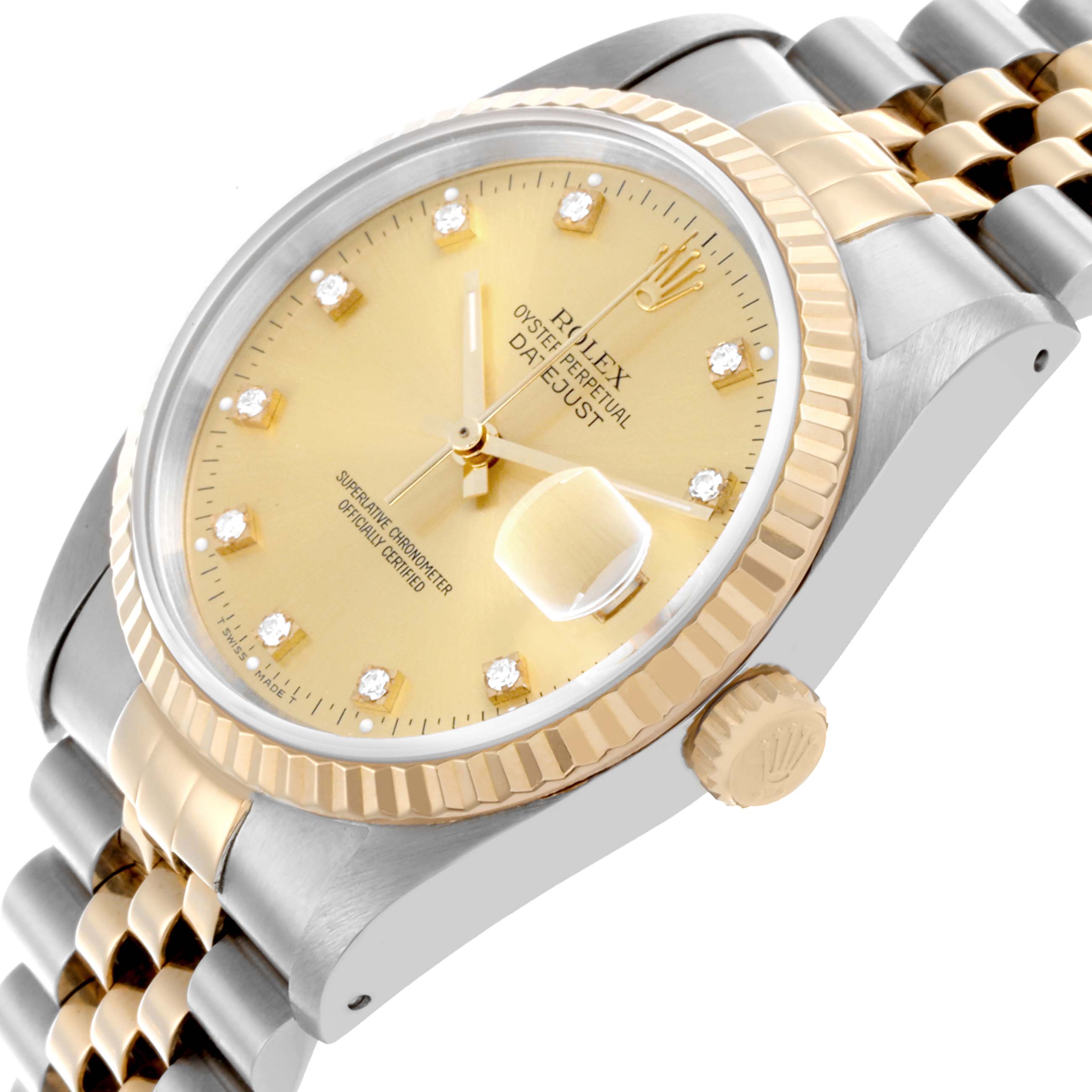 The Rolex Datejust 16233 Men
s Steel and Gold (two tone) Champagne Dial 16233 Men
s Steel and Gold (two tone) Champagne Dial watch is shown at an oblique angle, highlighting the dial, bezel, crown, and the two-tone bracelet.