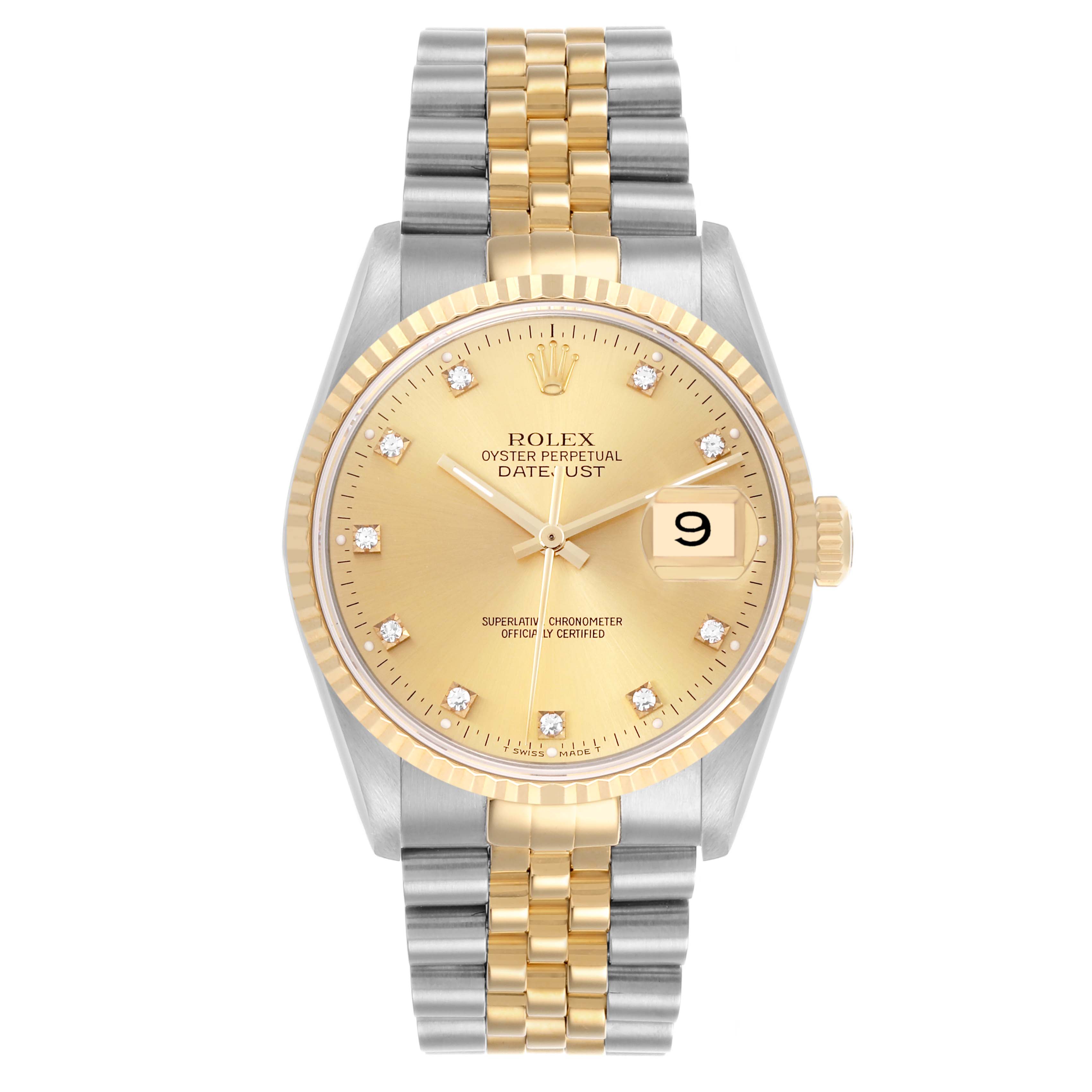 The Rolex Datejust 16233 Men
s Steel and Gold (two tone) Champagne Dial 16233 Men
s Steel and Gold (two tone) Champagne Dial is shown from a front angle, featuring its dial, bezel, bracelet, and crown.