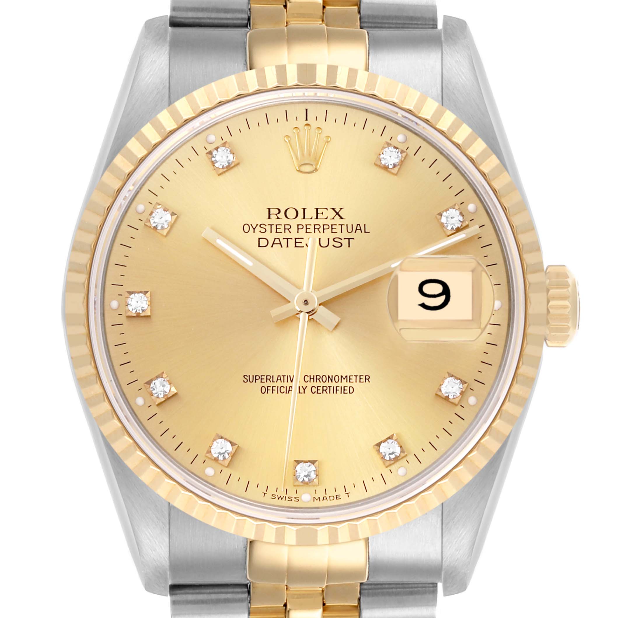 The Rolex Datejust 16233 Men
s Steel and Gold (two tone) Champagne Dial 16233 Men
s Steel and Gold (two tone) Champagne Dial watch is shown from the front, displaying the dial, bezel, and part of the bracelet.