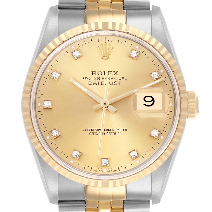 The Rolex Datejust watch is shown from the front, displaying the dial, bezel, and part of the bracelet.