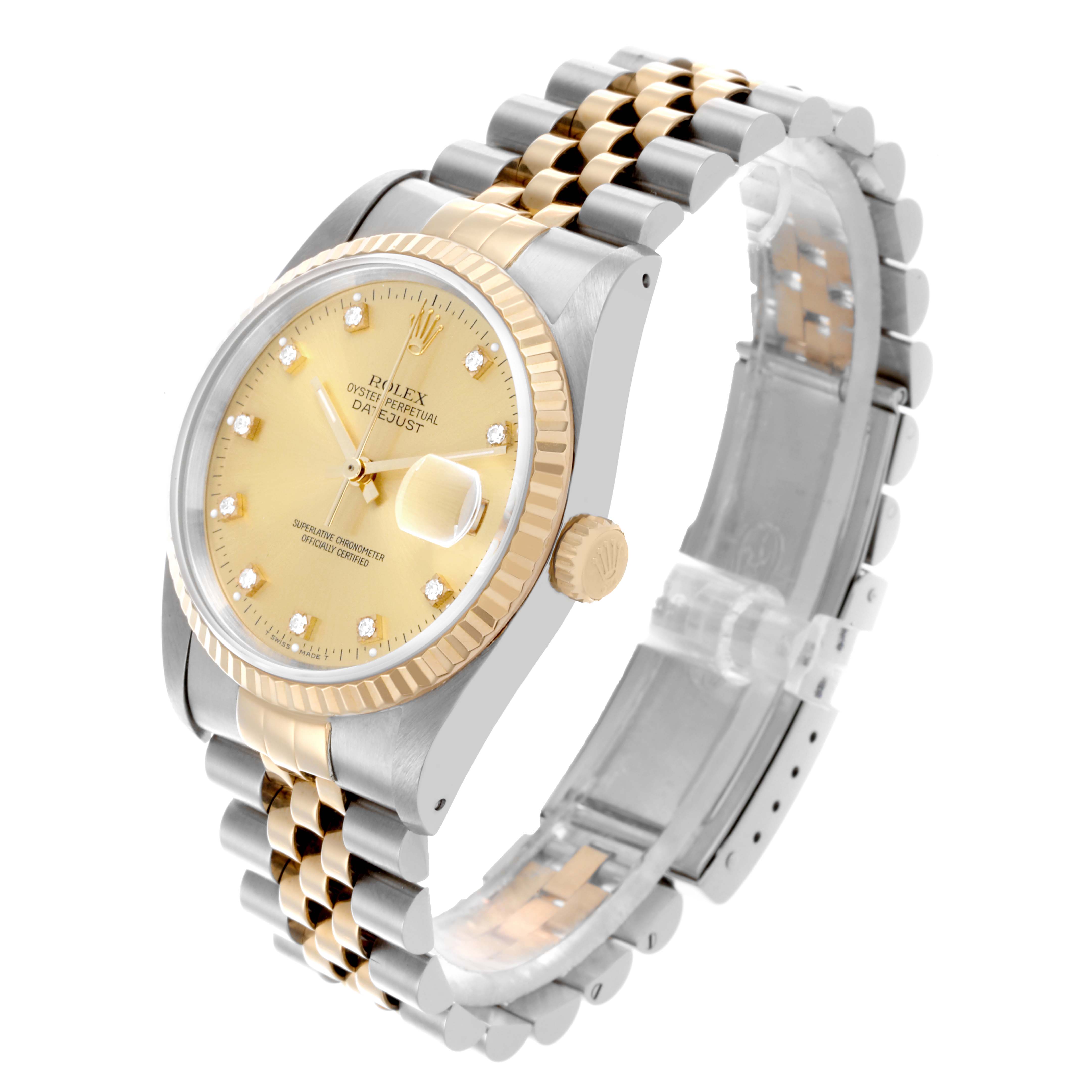 The Rolex Datejust 16233 Men
s Steel and Gold (two tone) Champagne Dial 16233 Men
s Steel and Gold (two tone) Champagne Dial is shown at a three-quarter angle, displaying the gold dial, fluted bezel, crown, and two-tone bracelet.