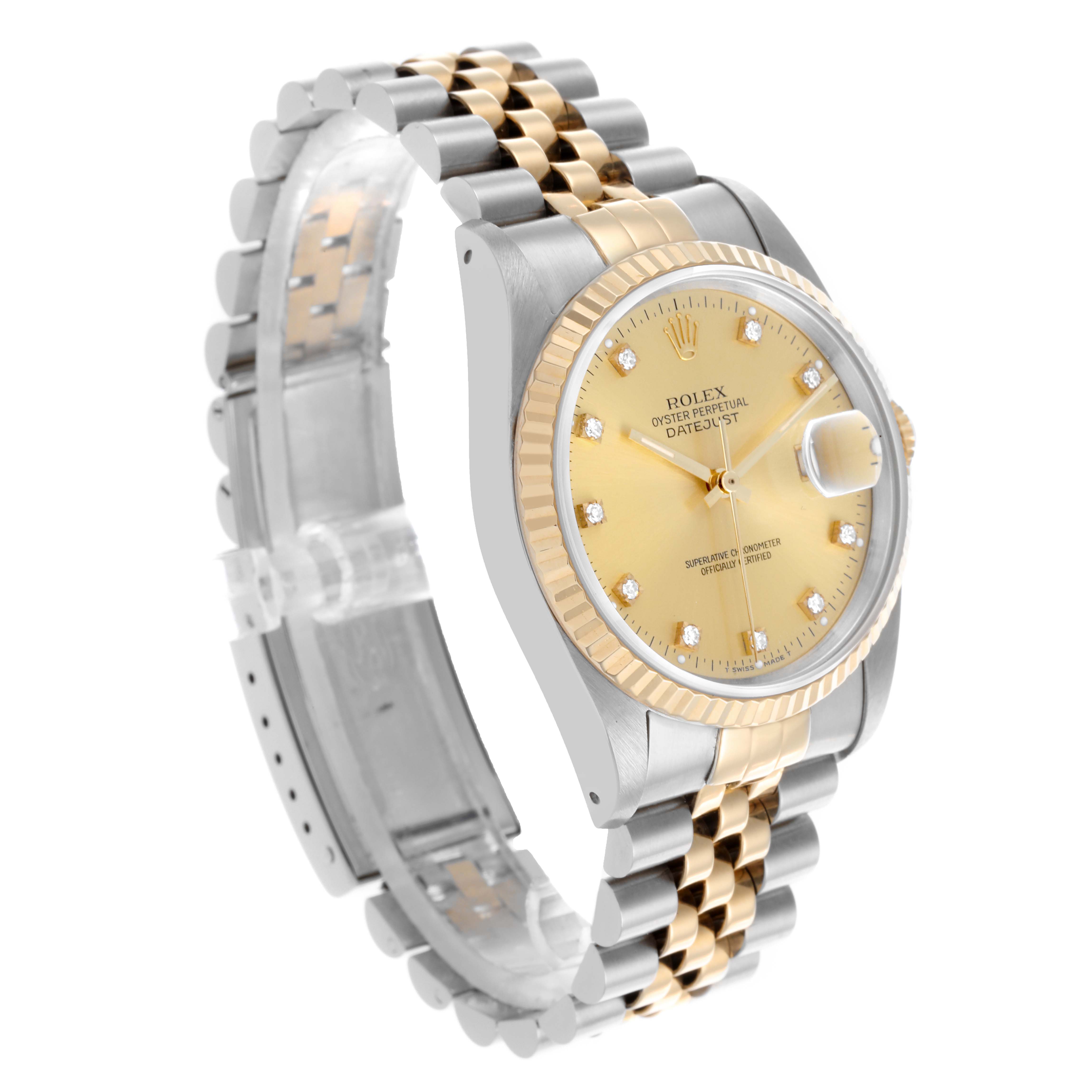 The Rolex Datejust 16233 Men
s Steel and Gold (two tone) Champagne Dial 16233 Men
s Steel and Gold (two tone) Champagne Dial is shown at an angled side view, featuring its gold dial, fluted bezel, and two-tone Jubilee bracelet.