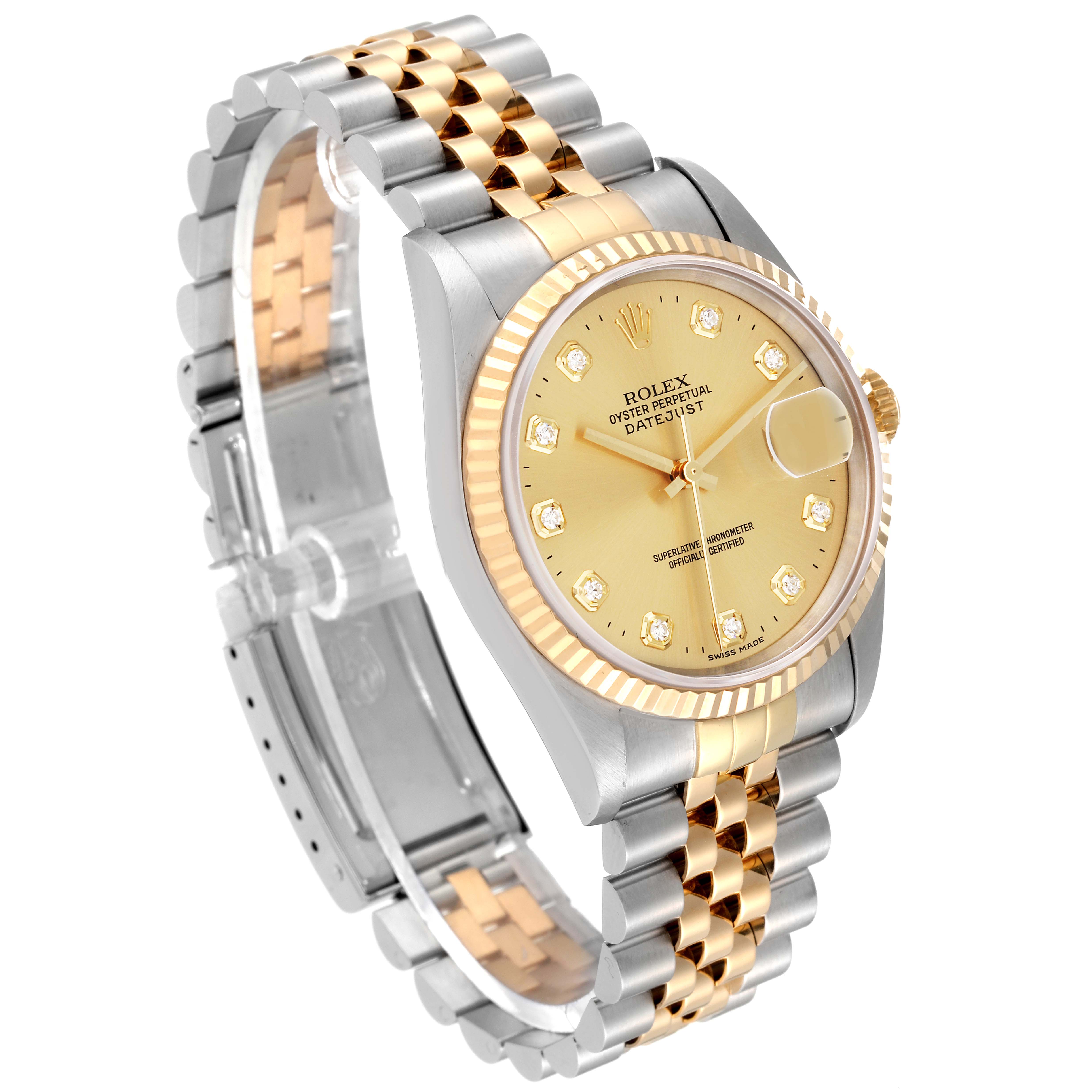The Rolex Datejust 16233 Men's Steel and Gold (two tone) Champagne Dial 16233 Men's Steel and Gold (two tone) Champagne Dial watch is shown at a quarter angle, displaying its gold dial, fluted bezel, and two-tone bracelet.