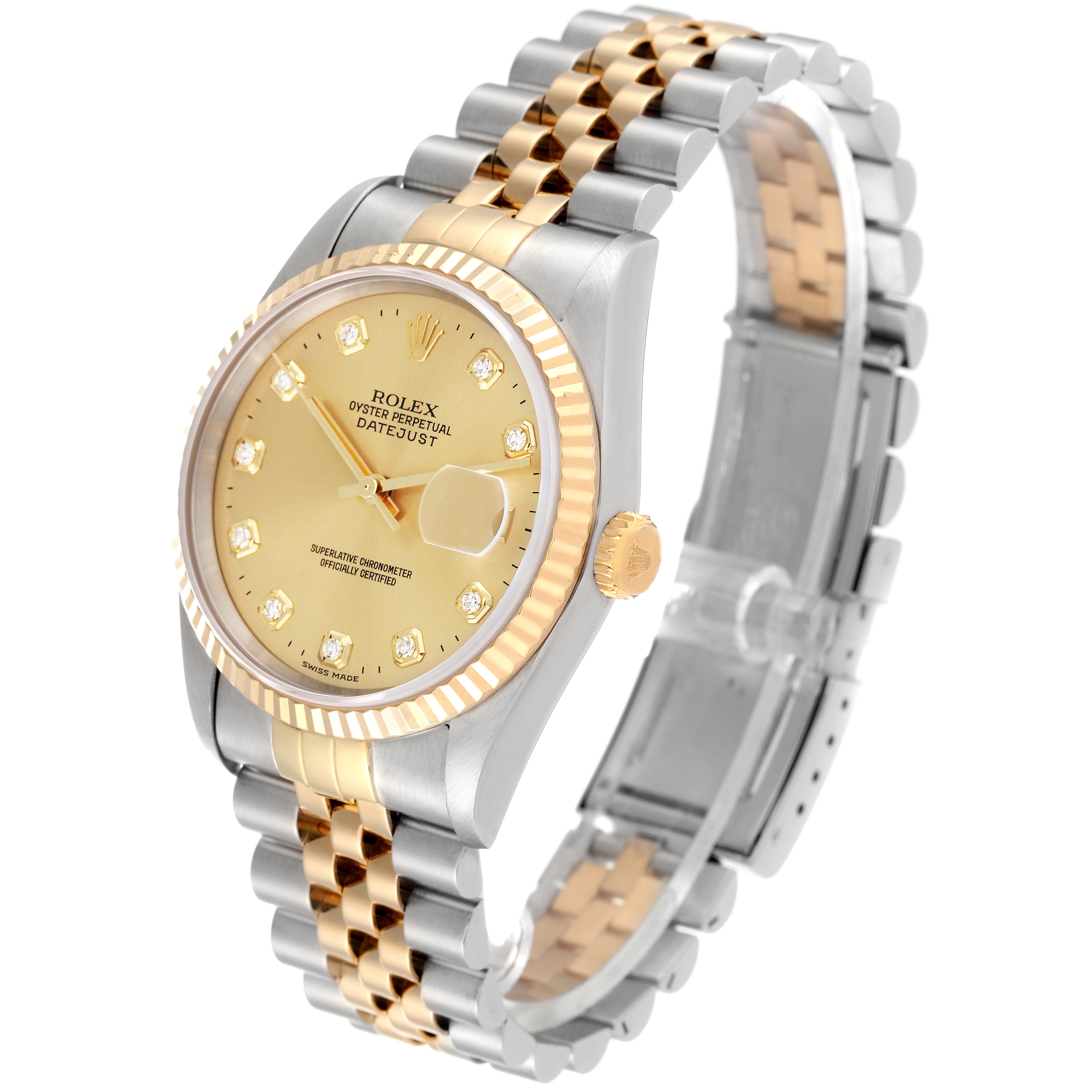 The image shows a Rolex Datejust 16233 Men's Steel and Gold (two tone) Champagne Dial 16233 Men's Steel and Gold (two tone) Champagne Dial watch at a three-quarter angle, highlighting its dial, bezel, and two-tone bracelet.