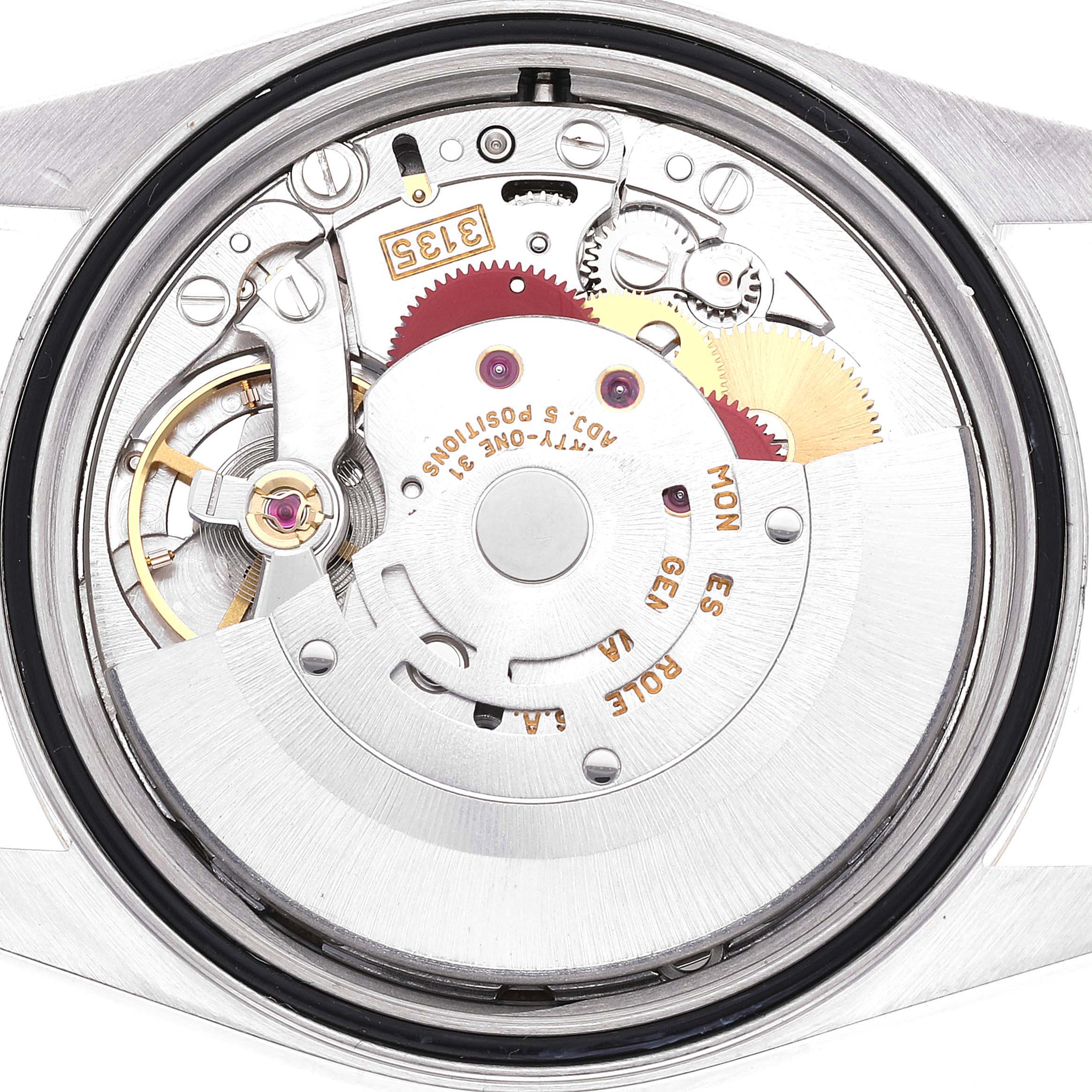This image shows the internal mechanical movement of a Rolex Datejust 16233 Men's Steel and Gold (two tone) Champagne Dial 16233 Men's Steel and Gold (two tone) Champagne Dial watch, viewed from the back with the case opened.