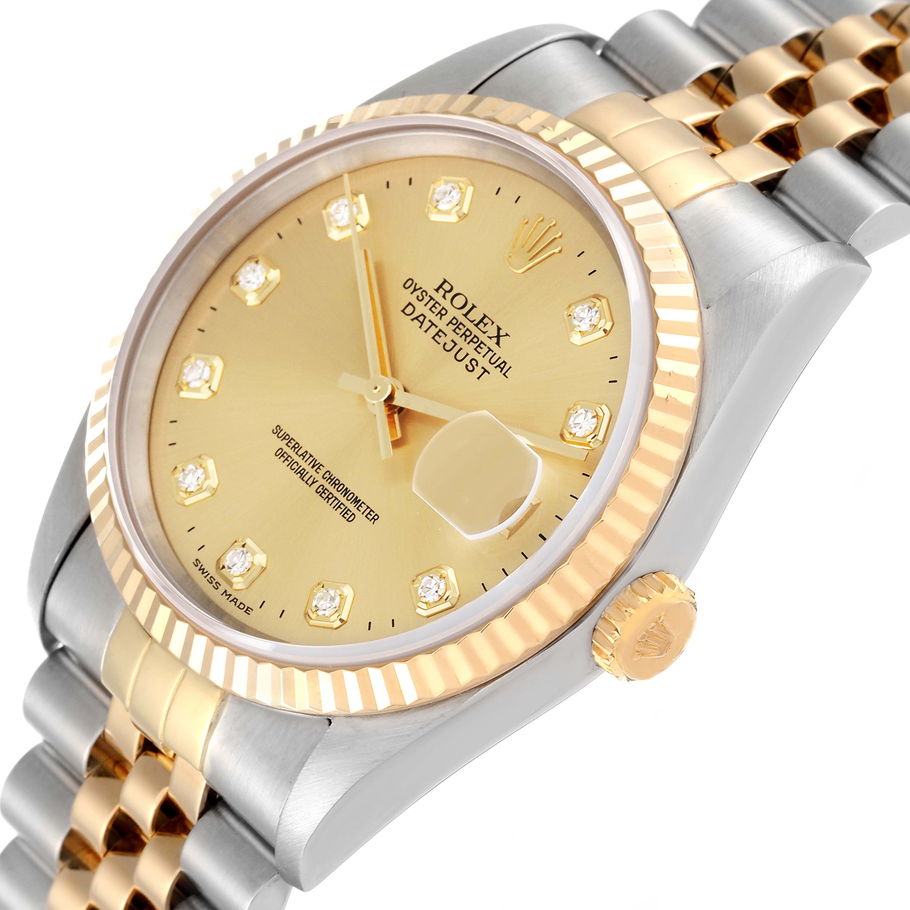 The image shows a close-up angle of a Rolex Datejust 16233 Men's Steel and Gold (two tone) Champagne Dial 16233 Men's Steel and Gold (two tone) Champagne Dial watch, highlighting its golden dial, fluted bezel, and two-tone bracelet.