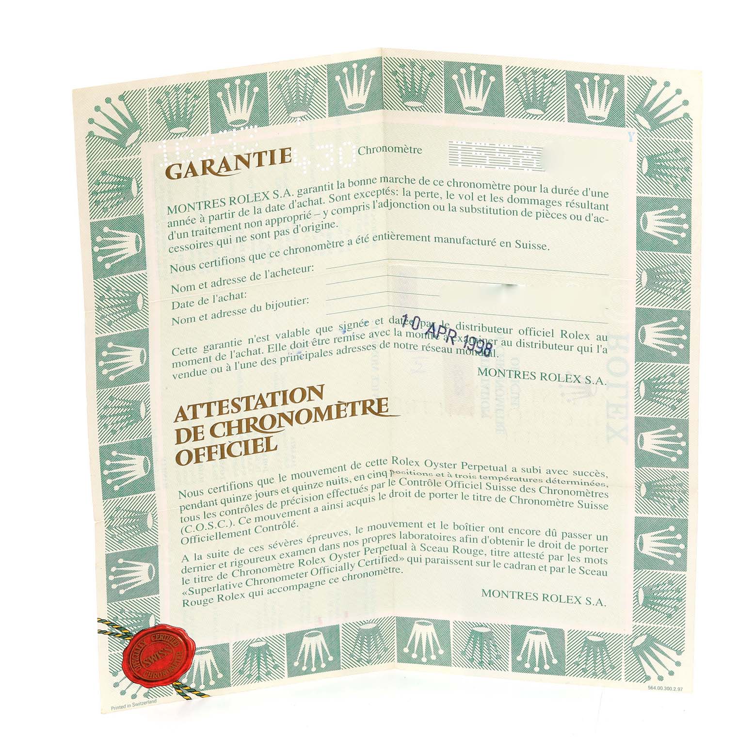 The image shows a warranty and chronometer certificate for a Rolex Datejust 16233 Men's Steel and Gold (two tone) Champagne Dial 16233 Men's Steel and Gold (two tone) Champagne Dial watch, displaying text and official stamps.