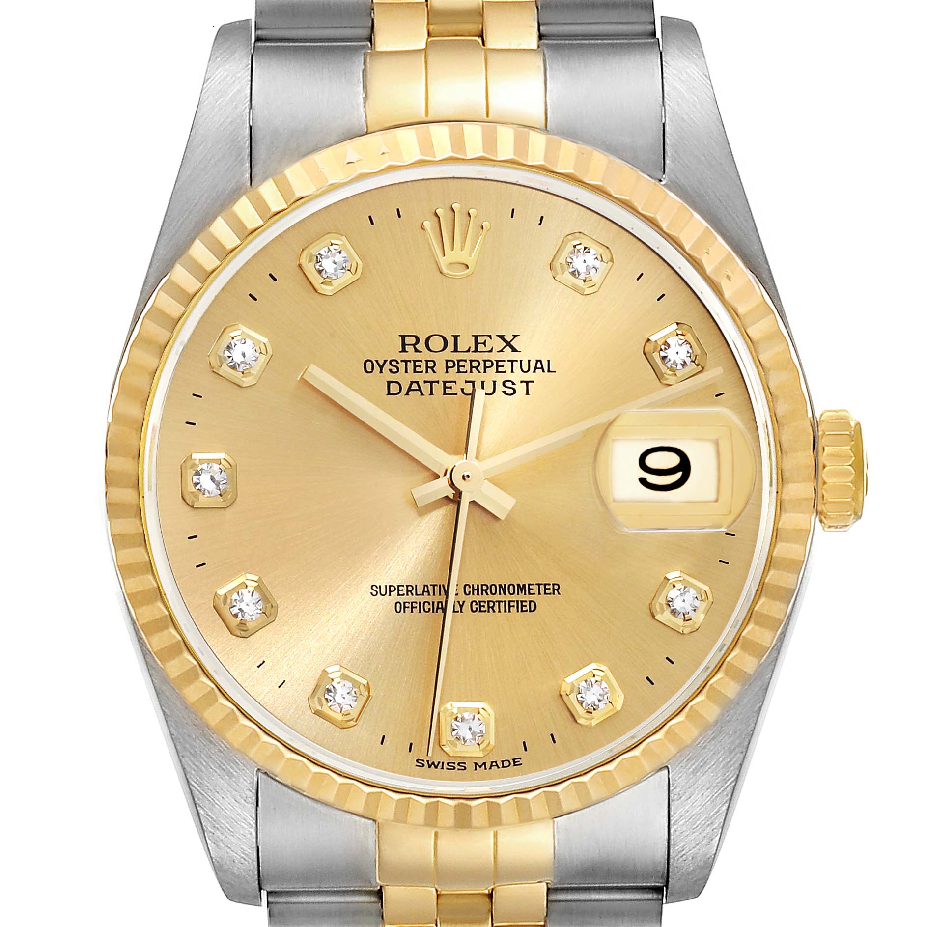 This is a close-up of a Rolex Datejust 16233 Men's Steel and Gold (two tone) Champagne Dial 16233 Men's Steel and Gold (two tone) Champagne Dial watch, showing the dial, bezel, crown, and part of the bracelet.