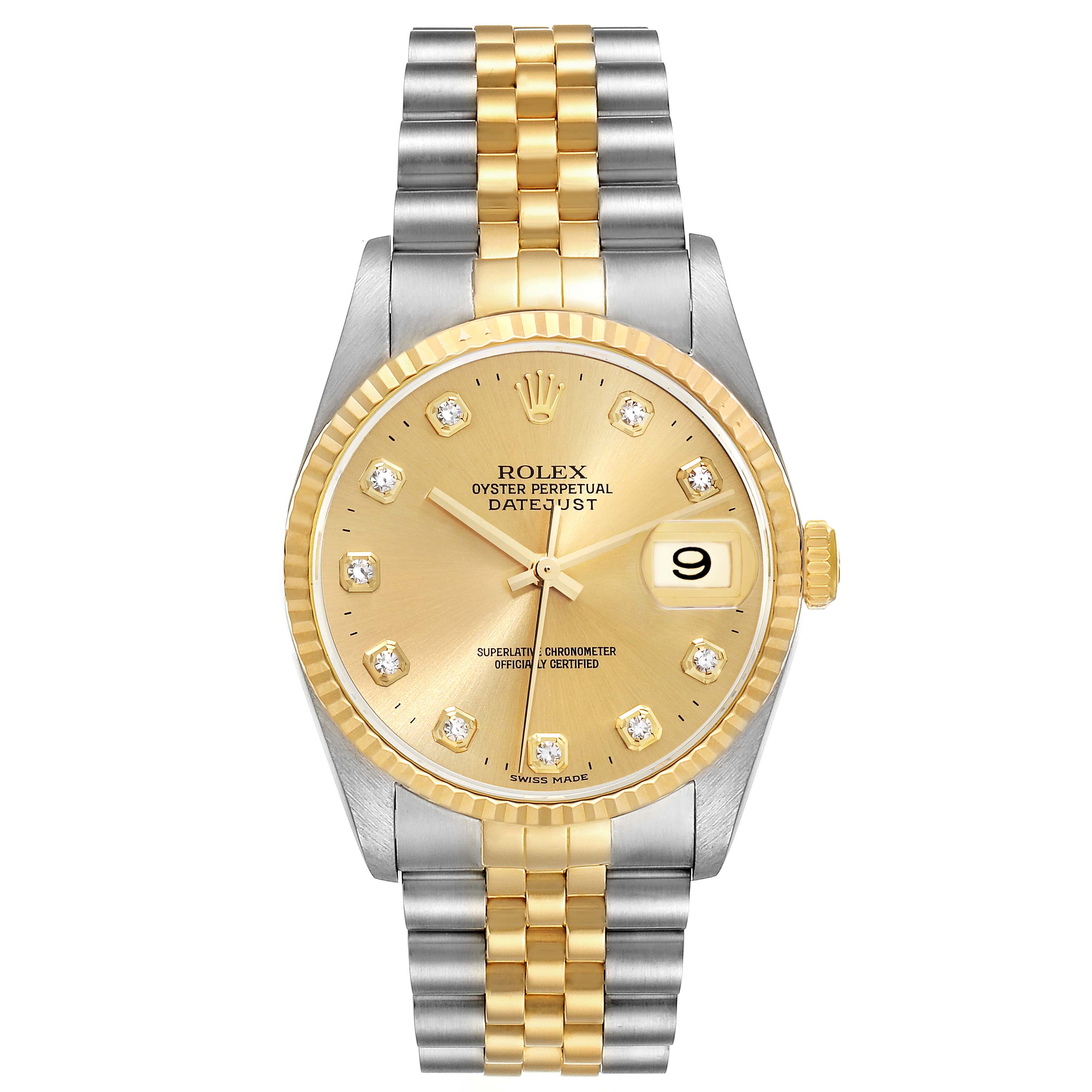The Rolex Datejust 16233 Men's Steel and Gold (two tone) Champagne Dial 16233 Men's Steel and Gold (two tone) Champagne Dial watch is shown from a front angle, displaying the dial, fluted bezel, crown, bracelet, and date window.