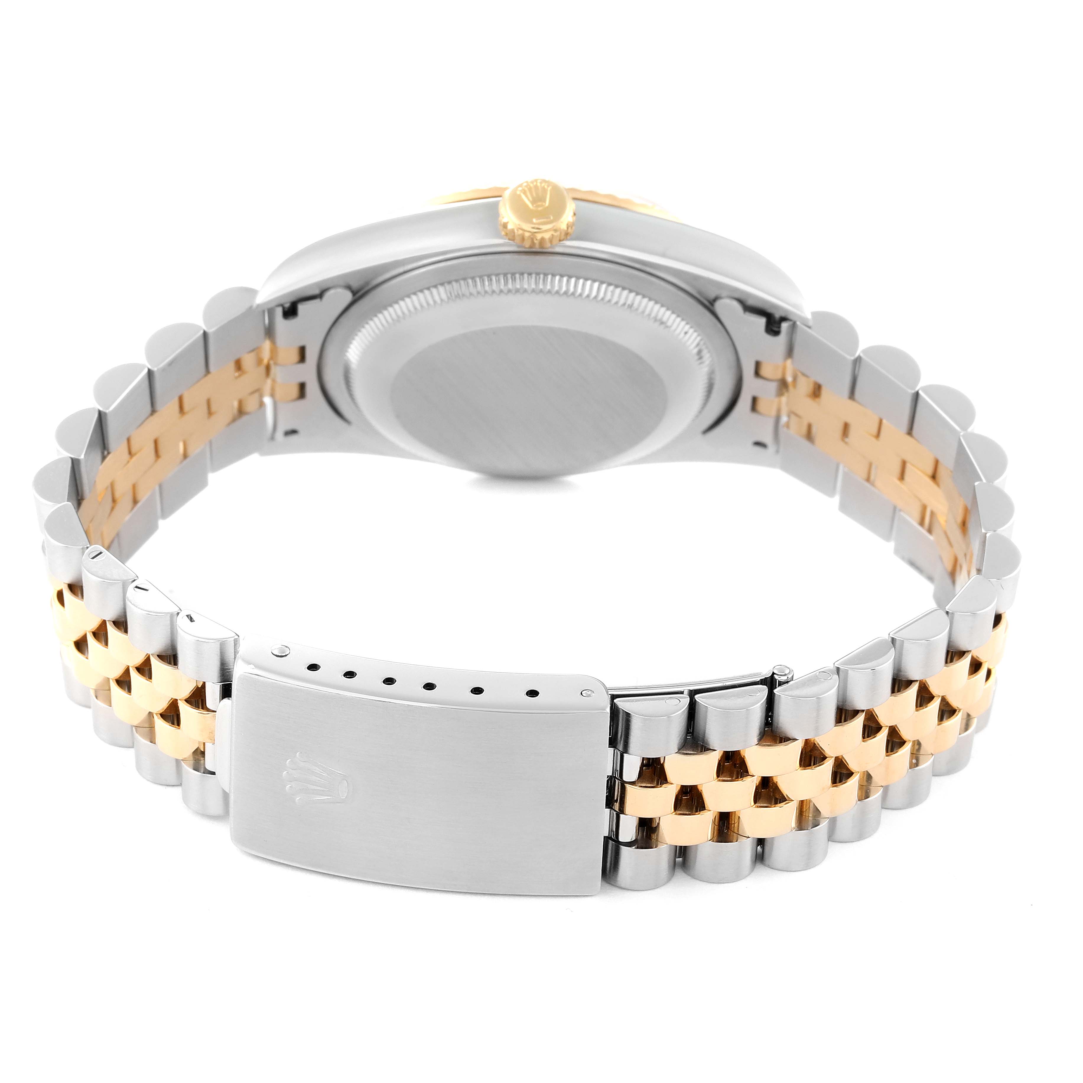 This image shows the back and clasp of a Rolex Datejust 16233 Men's Steel and Gold (two tone) Champagne Dial 16233 Men's Steel and Gold (two tone) Champagne Dial watch, highlighting its two-tone metal bracelet.